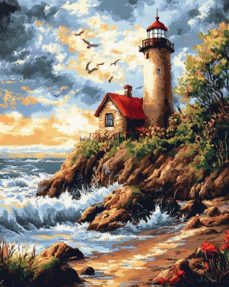 WallustrioaW Printed Cross Stitch Embroidery Patterns,Lighthouse Hut,DIY 11CT Cross Stitch Embroidery Kits Craft Hobby Gift for Adults,40x50cm