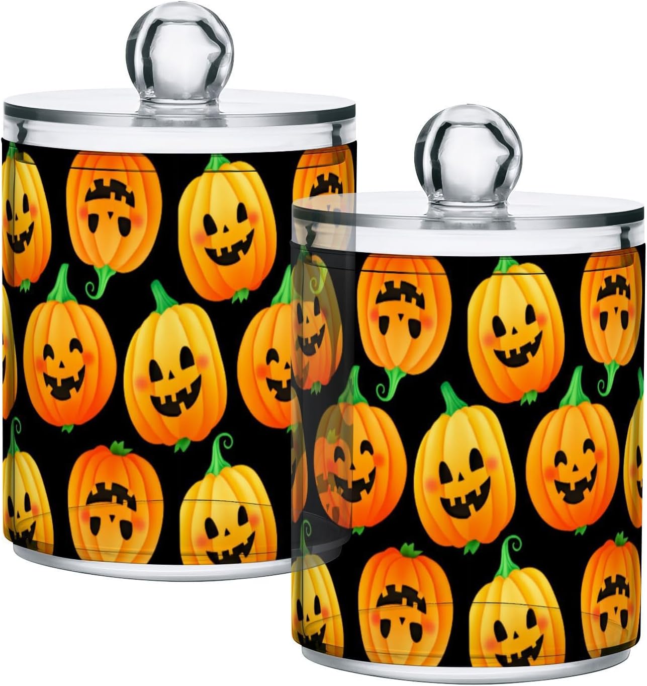 2 Pack Apothecary Jars Halloween Pumpkin Expression Qtip Holder Organizer Clear Airtight Container for Cotton Swabs Food Storage 14oz Plastic Jars with Lids