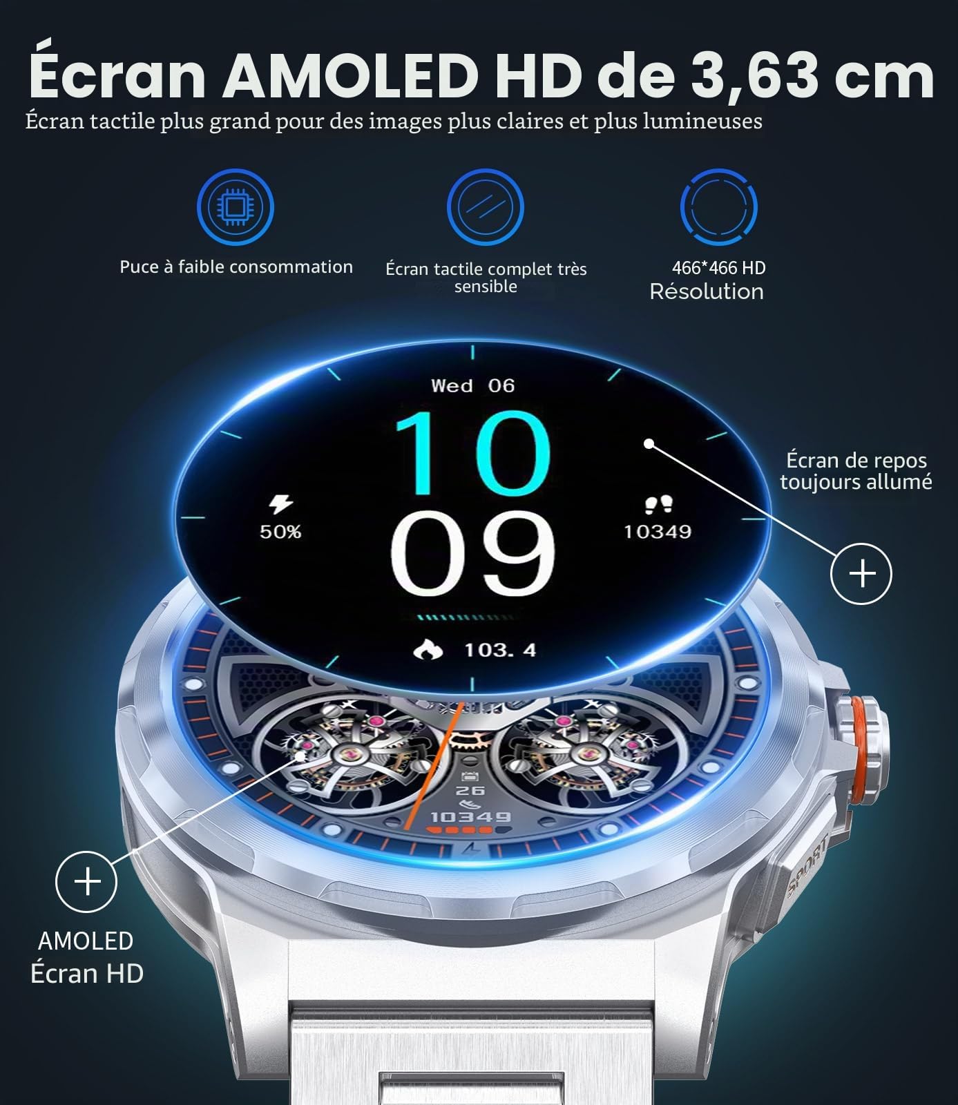 Montre Connectée Homme Militaire, Écran AMOLED 1,43", Appels Bluetooth, 3 Bracelets, Étanche IP68, Suivi de la Fréquence Cardiaque et du Sommeil, 120+ Modes Sportifs, Compatible Android et iOS,Argenté