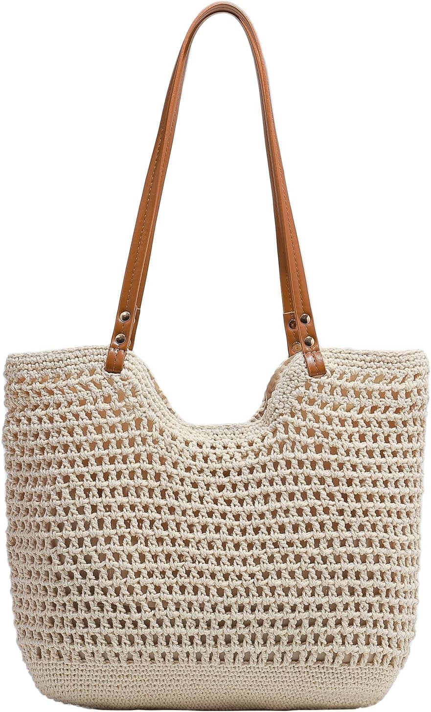 Large Capacity Crochet Knitted Summer Tote, Soft Woven Beach Shoulder Bag, Bohemian Hollow Hobo Purses for Shopping Vacation