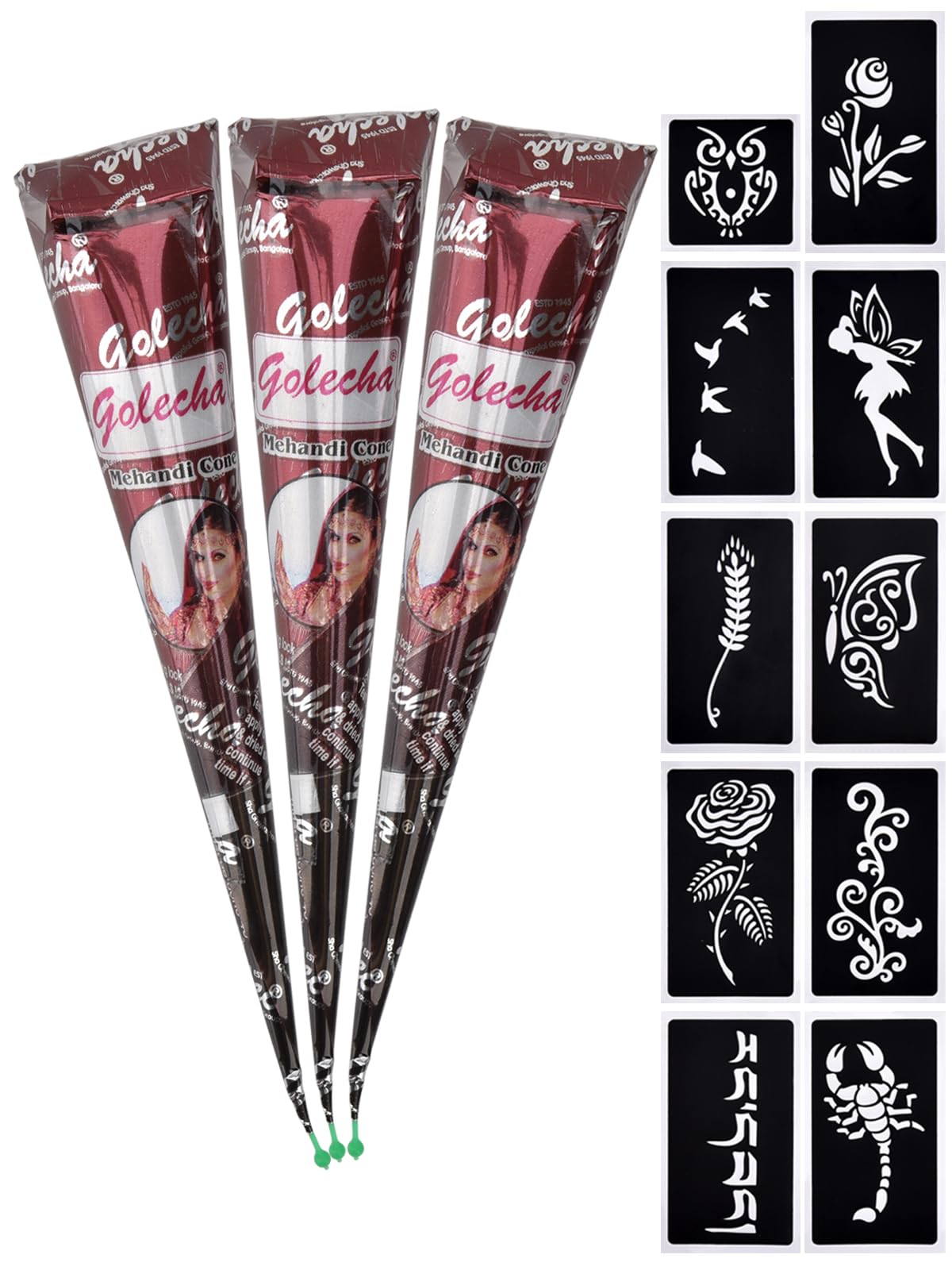 eLander 3x Temporäre Tattoo Natürliche + 10x Henna Schablone, Mehndi Tattoos, Kegel, Tätowierung (Braun)
