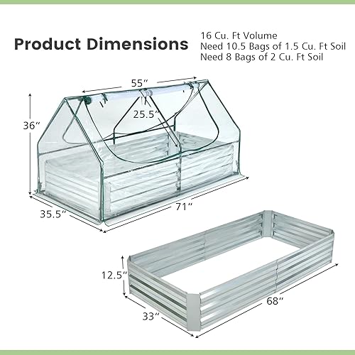 Miniatura 3 de Giantex Cama de jardín elevada de acero galvanizado con mini invernadero, kit de caja de metal para exteriores con cubierta grande de PVC