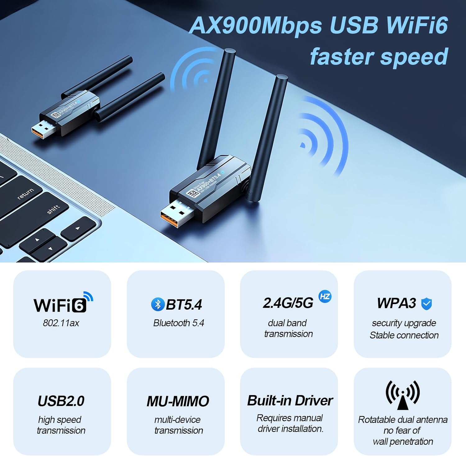 USB WiFi 6 Adapter & Bluetooth 5.4 900Mbps Dual Band 5G/2.4G, 5dBi Antenna for Desktop PC Laptop, Built-in Driver Windows 11/10/7