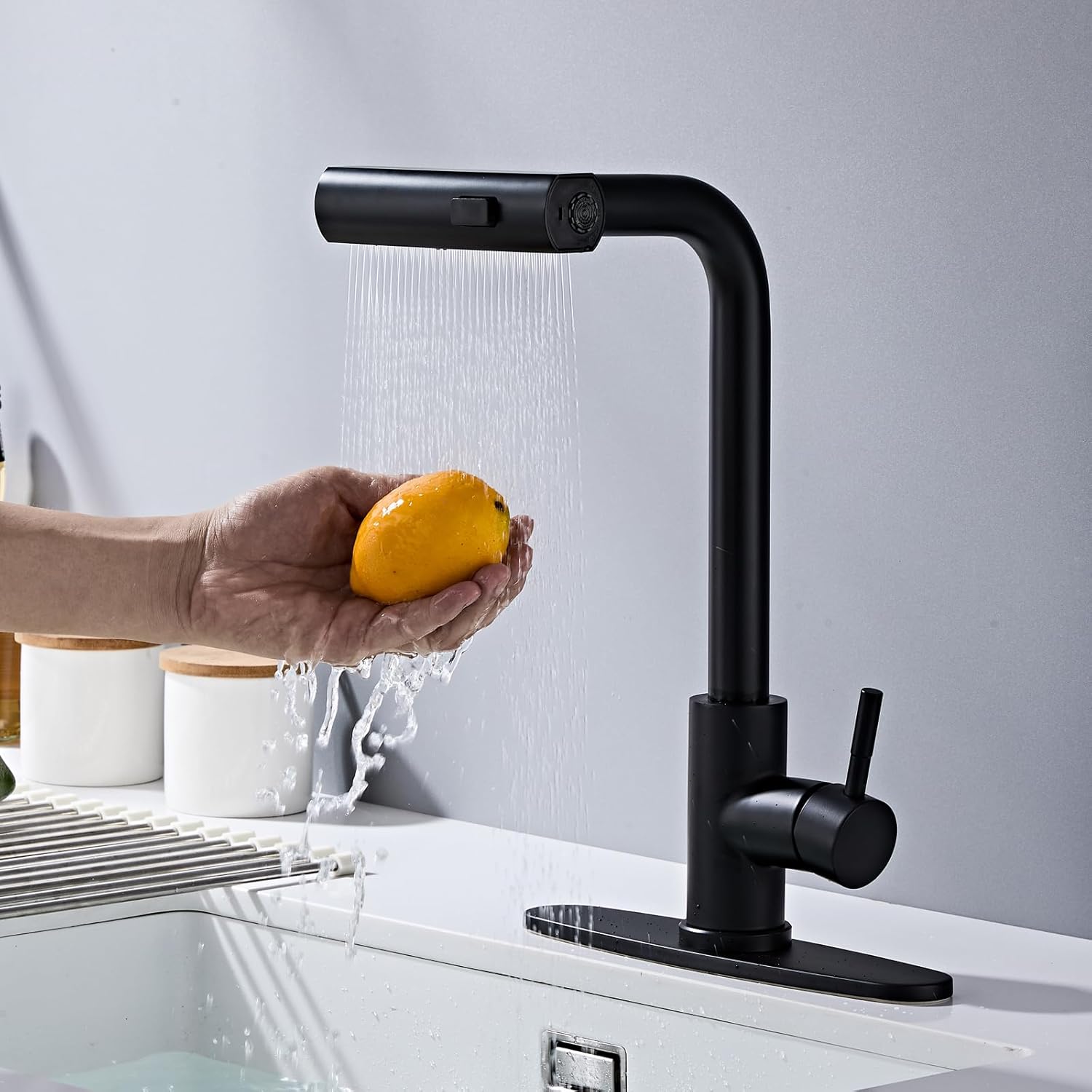 Multi-Mode Kitchen Faucet with Pull Down Sprayer, 3 Functions, Stainless Steel, Black