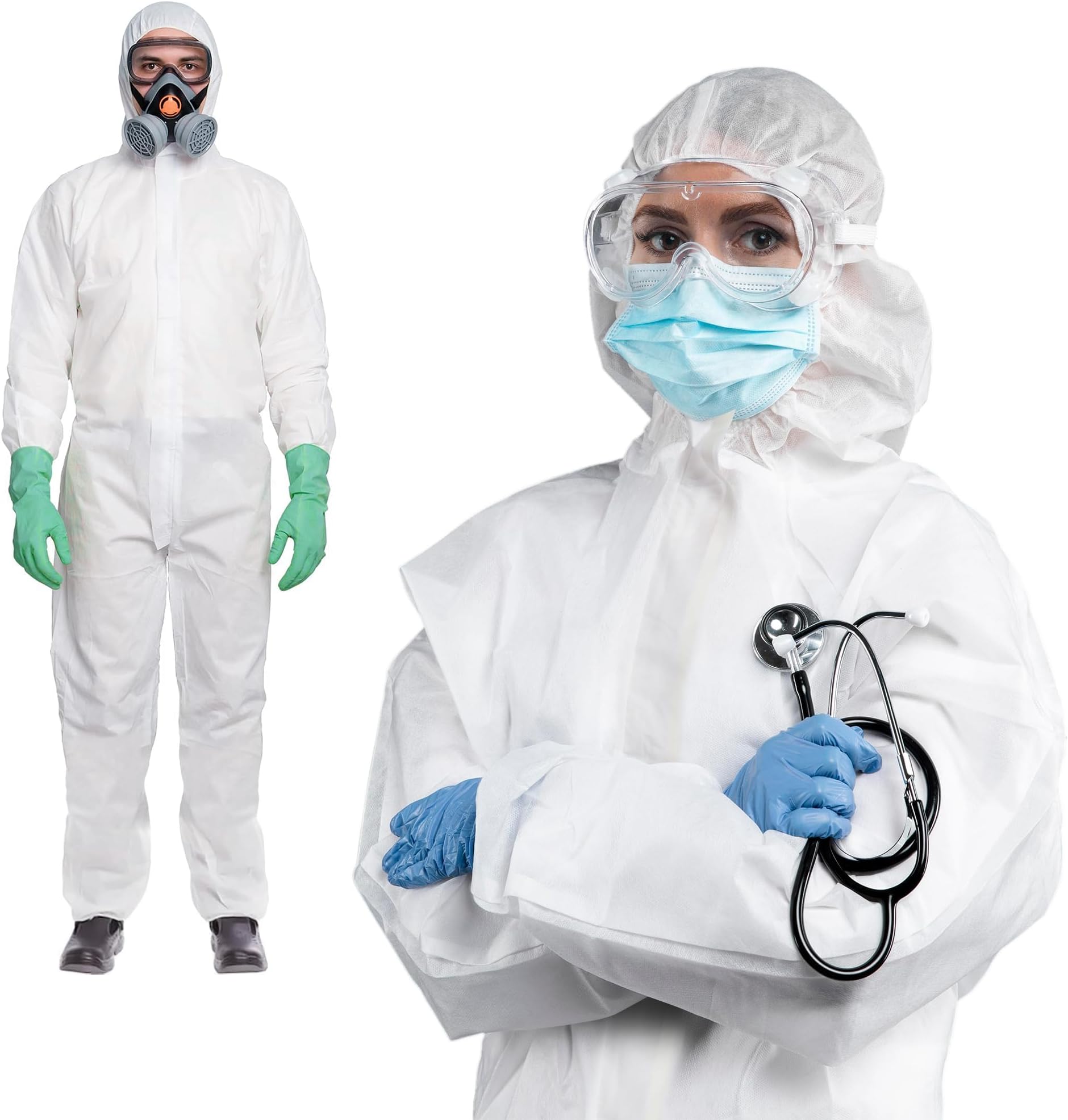 AMZ Medical Supply White Disposable Coveralls with Hood, X-Large. Pack of 5 Unisex Paint Suit 60 GSM SMS. Hazmat Suits Disposable with Elastic Wrists, Ankles, Lower Back & Zipper with Storm Flap