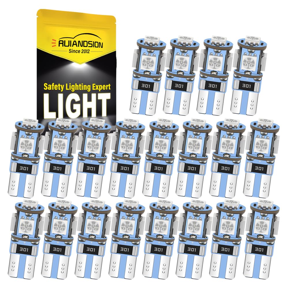 Ruiandsion Lampadina LED Blu Cuneo 501 T10 W5W Confezione 40pz, 5 SMD 5050 150 Lumen 12V DC, Luci Interne Porte Targa Posizione per Auto Furgoni Moto - Fornitura All'ingrosso Officina