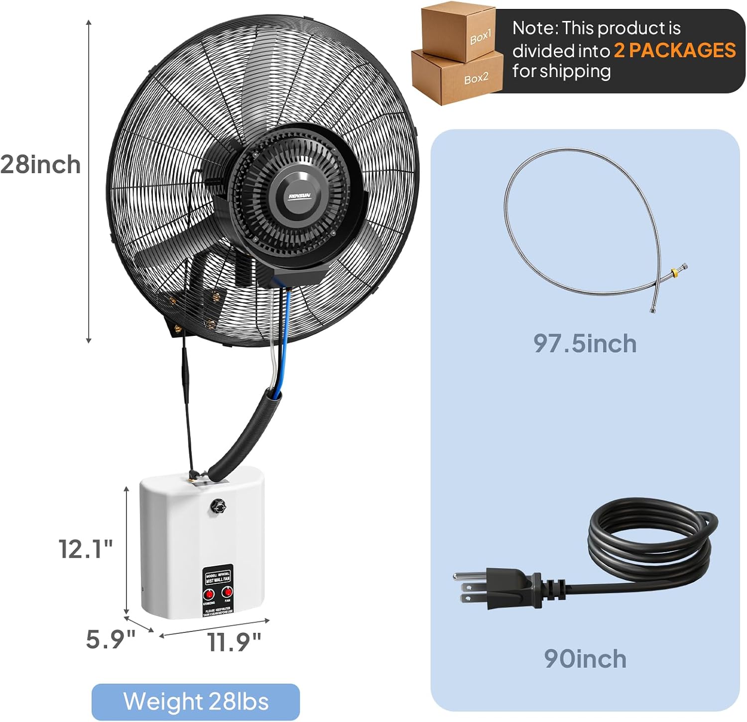 ROVSUN 26" Outdoor Misting Wall Fan with Water Tank, Industrial Wall Mount Mist Fan with BLDC Motor, 4-Speed High Velocity Waterproof Oscillating Fan, Workshop, Patio, Greenhouse, UL Listed, 2-Pack
