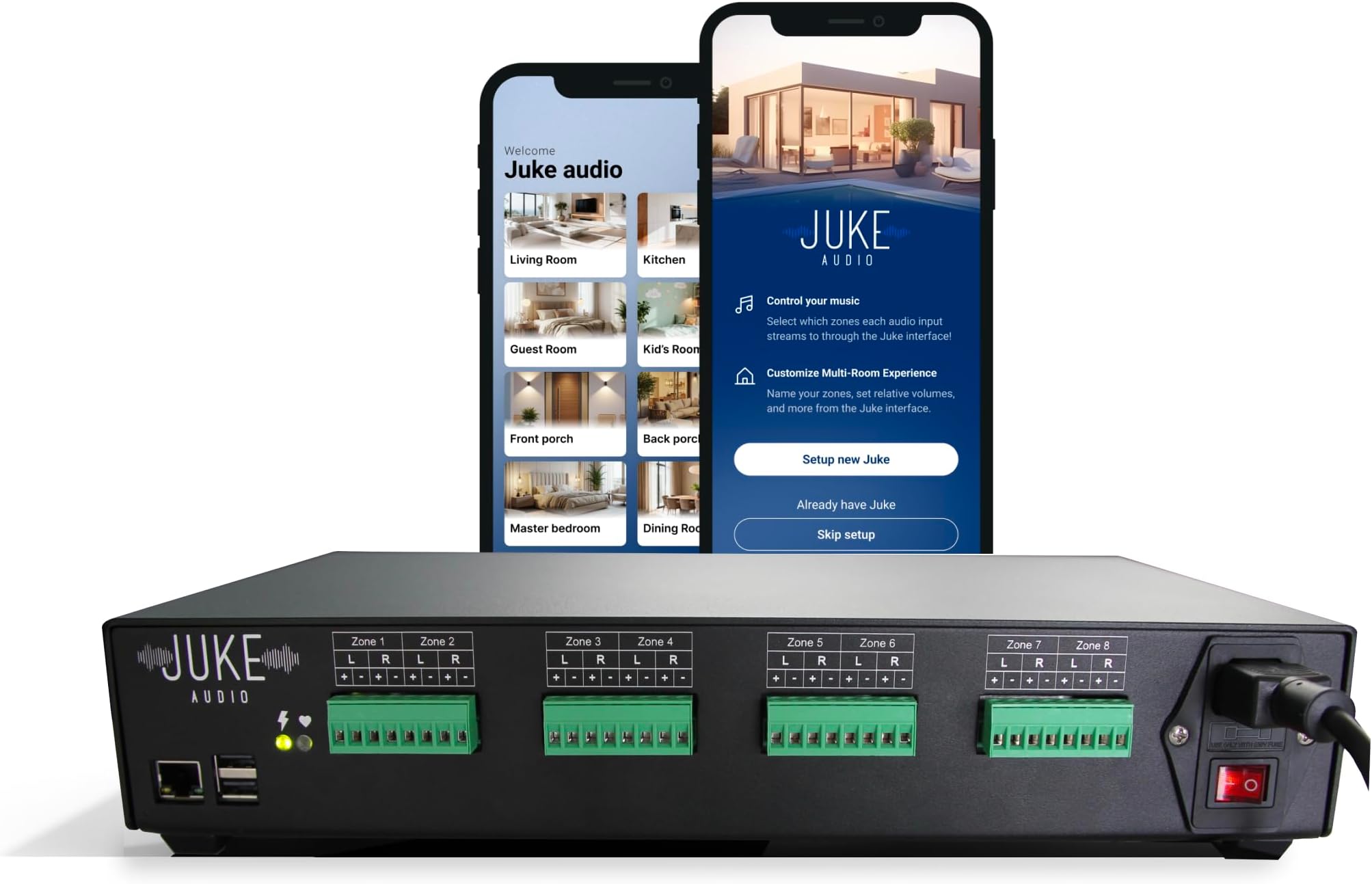 - Juke-8: 8 Zone Multi-Room Amplifier | Built-in Music Streaming & Wireless App Control | Supports 8 Audio Sources Simultaneously | Whole Home Audio System | Airplay 2, Spotify Connect, Bluetooth