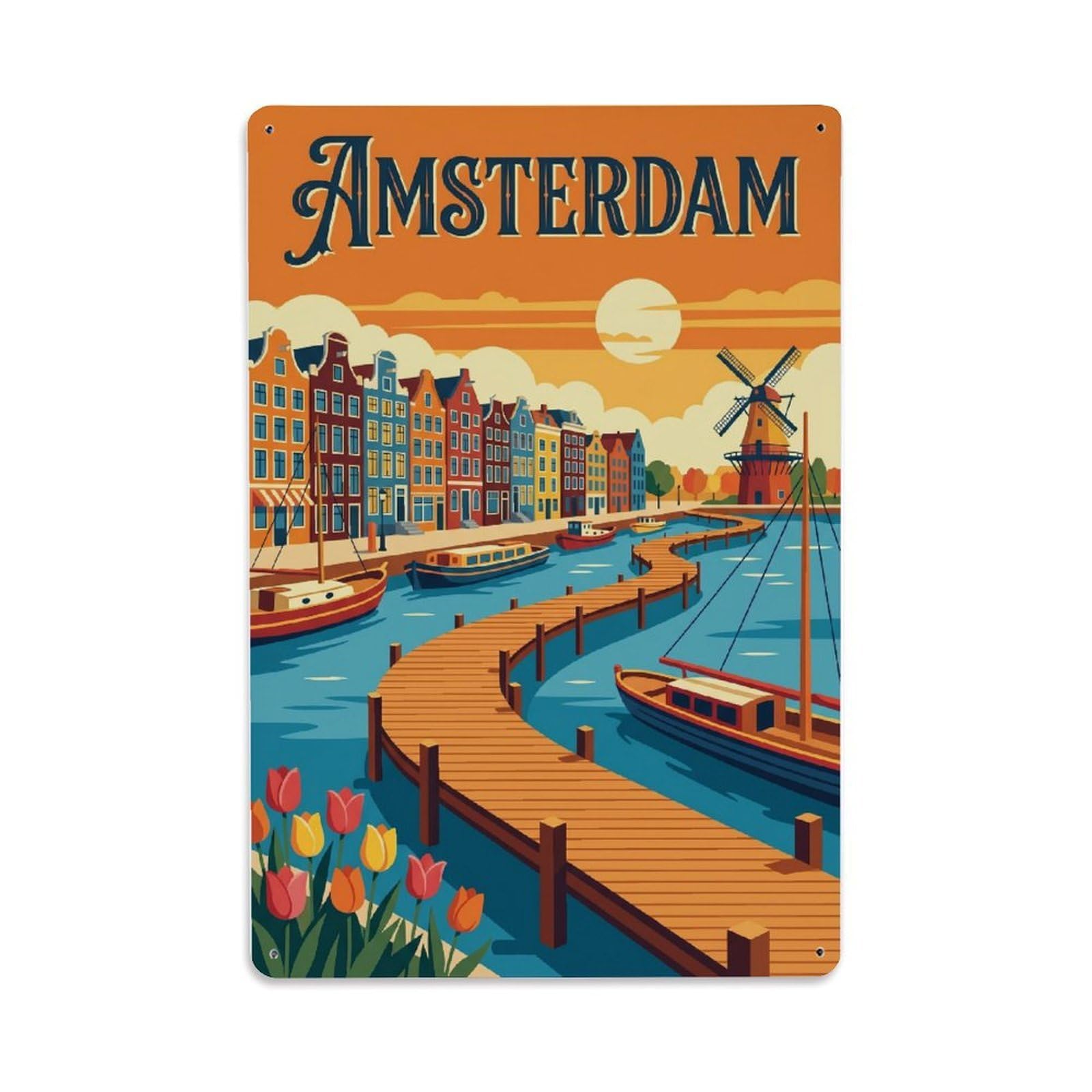 Vintage Travel Boardwalk Netherlands Wooden Metal Tin Sign Plaque Wall Decor for Cafe, Club Bar, Office, Home Garden Metal Poster 8x12Inch