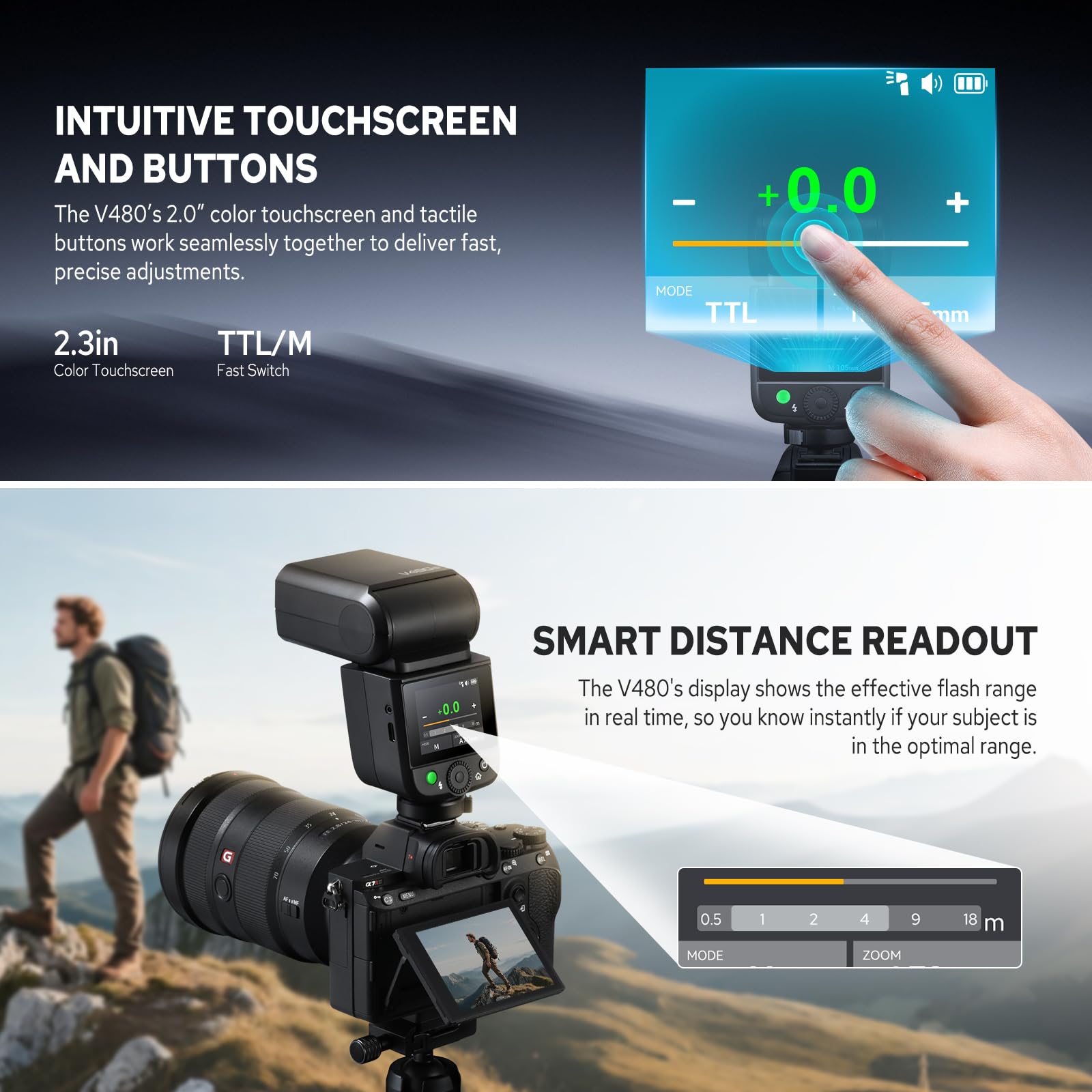Godox V480S TTL Kamerablitz für Sony Kamera, Touchscreen Flexible Jump Head Diffuser GN50 HSS 1/8000s, bis zu 650 voller Leistung blinkt nur 1,7 Sekunden (V480S for Sony)