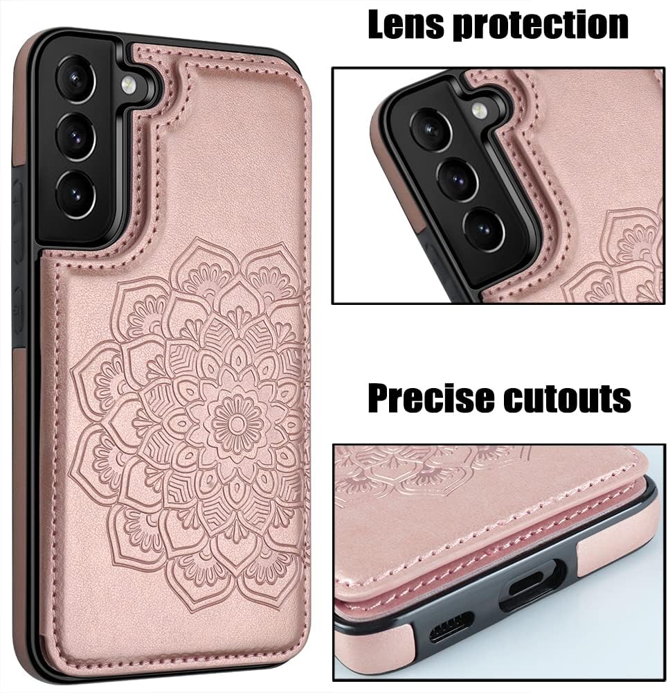 MMHUO for Samsung Galaxy S22 Case with Card Holder,Flower Magnetic Buttons Protective Wallet Cover for Women for Samsung Galaxy S22 5G (2022),Rose Gold