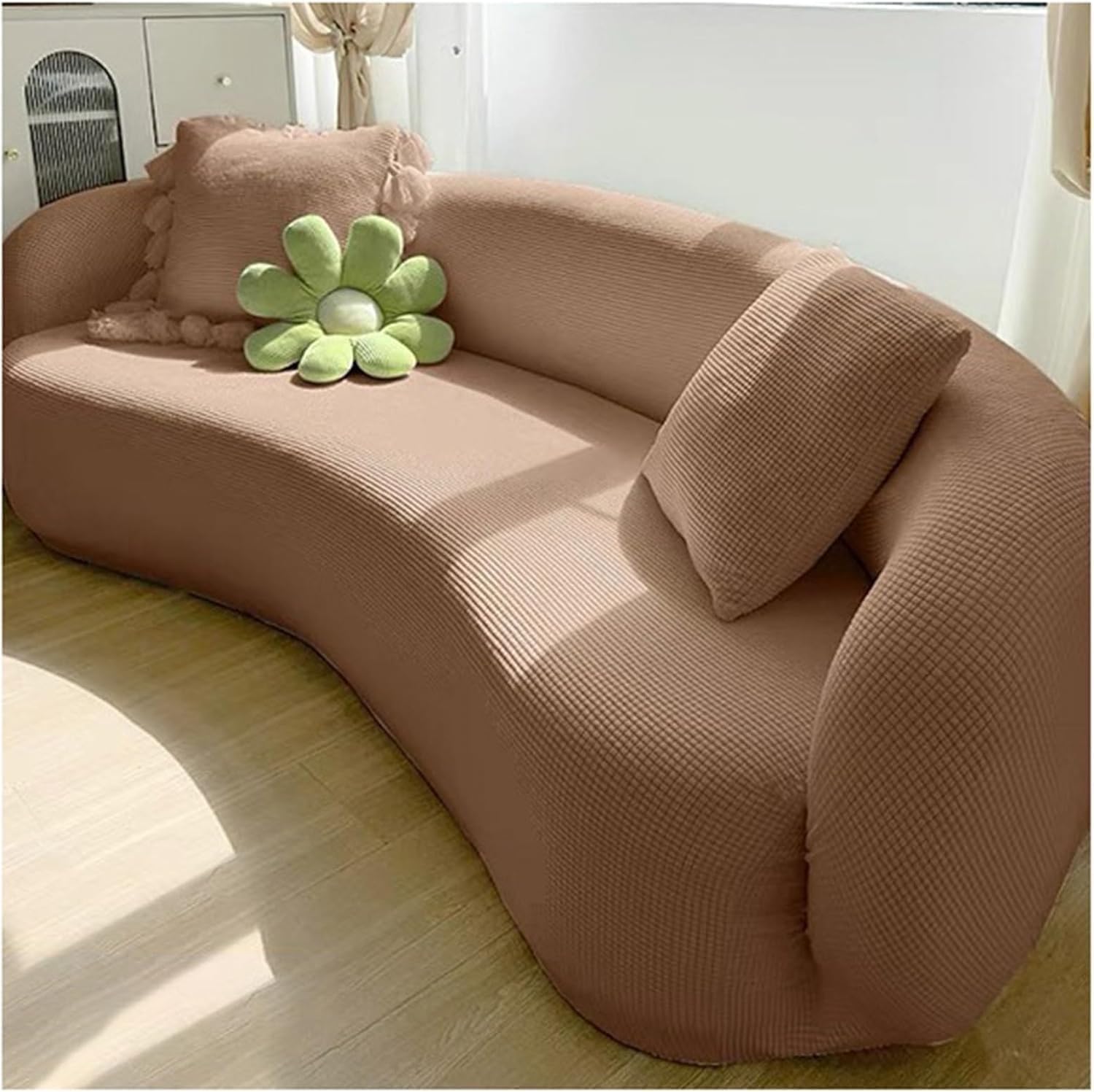 QVQV Stretch Semi Circle Curved Couch Slipcover, Shaped Semi-Circular Curved Sofa Cover For Living Room, ModernJacquard Curved Sofa Slipcover(J,3 seat [72-92 in])
