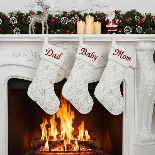 Miniatura 23 de 2 Pack Snowy White Christmas Stockings with Faux Fur, Plush 22 inches Xmas Stocking with Gold Embroidered Snowflake Hanging Ornaments for Home Xmas