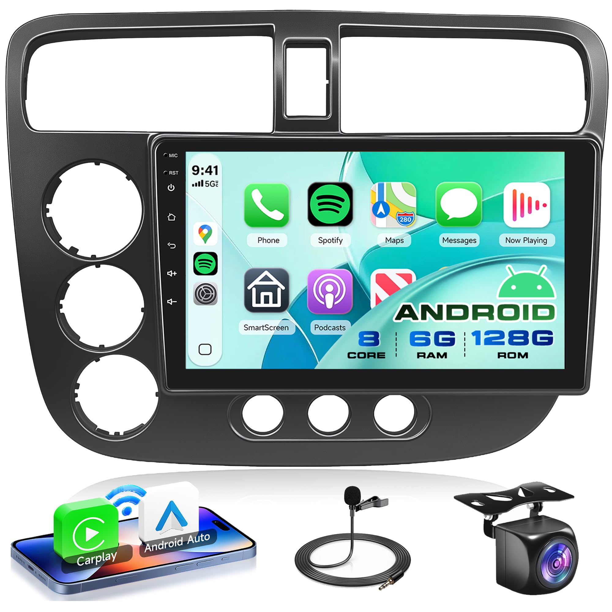 8Core 6G+128G Car Radio for Honda Civic 2001-2005 Android Car Stereo, Rimoody 9 Inch Touchscreen Support GPS Navigation WiFi Mirror Link FM/RDS EQ SWC Camera Microphone Carplay Android Auto-picture-18