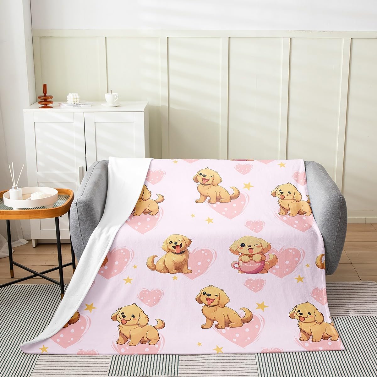 Erosebridal Puppy Dog Throw Blanket 50x60 inch,Golden Retriever Fleece Blanket for Kids Boys Girls,Cartoon Dogs Flannel Blanket,Watercolor Pink Bed Blanket for Sofa Couch Chair
