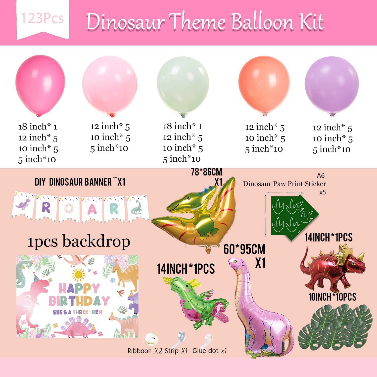 Three-Rex Cute Dinosaur theme birthday party Decorations with Pink Green balloon and dino foil balloon & footprint sticker & ROAR Banner Backdrop & Artificial Palm Leaves for Girls 3rd birthday