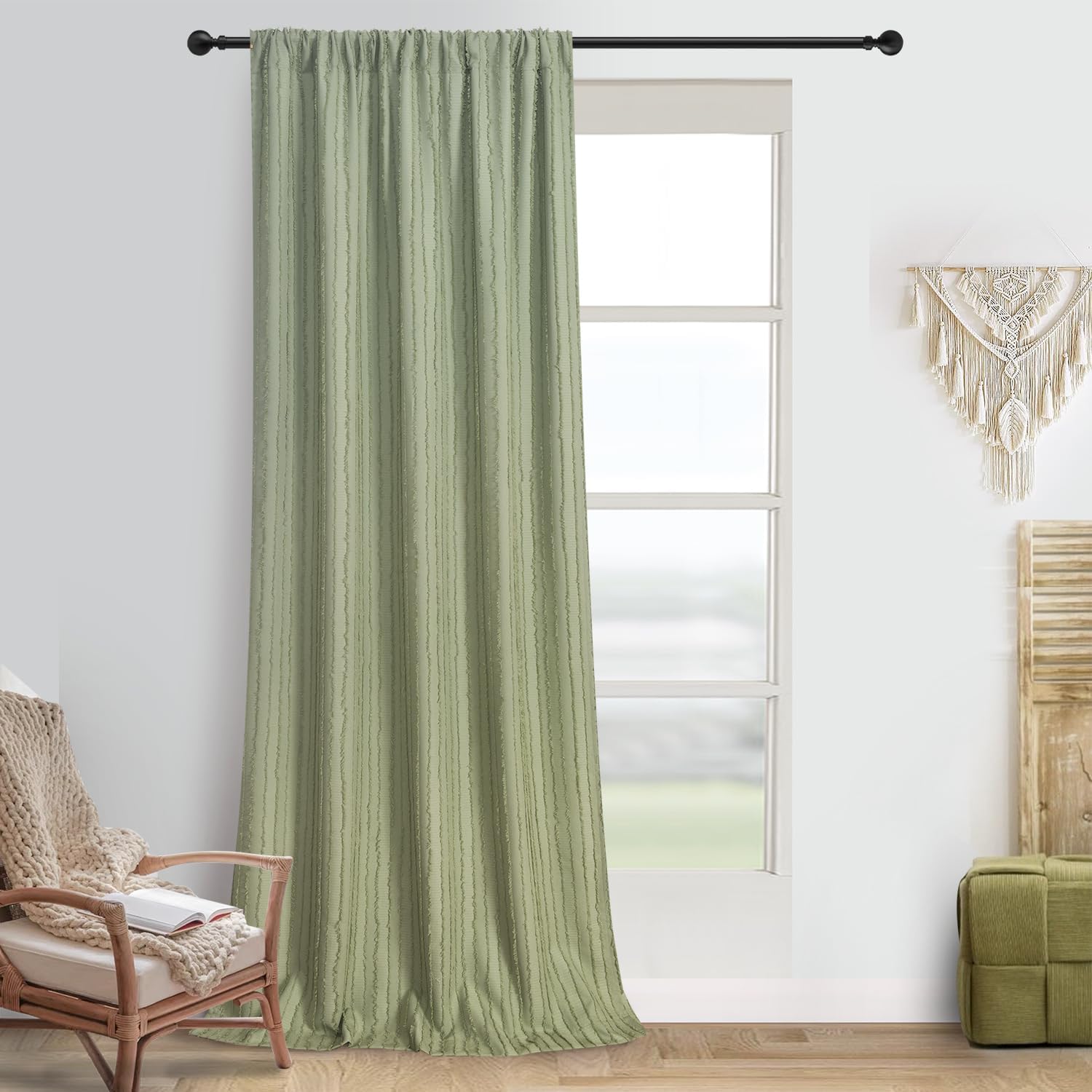 Roslynwood Home Boho Chic Rod Pocket Sheer Window Sage Green Curtain 72 inches Long - Light-Filtering Voile Panel for Living Room/Bedroom, 2 Panels