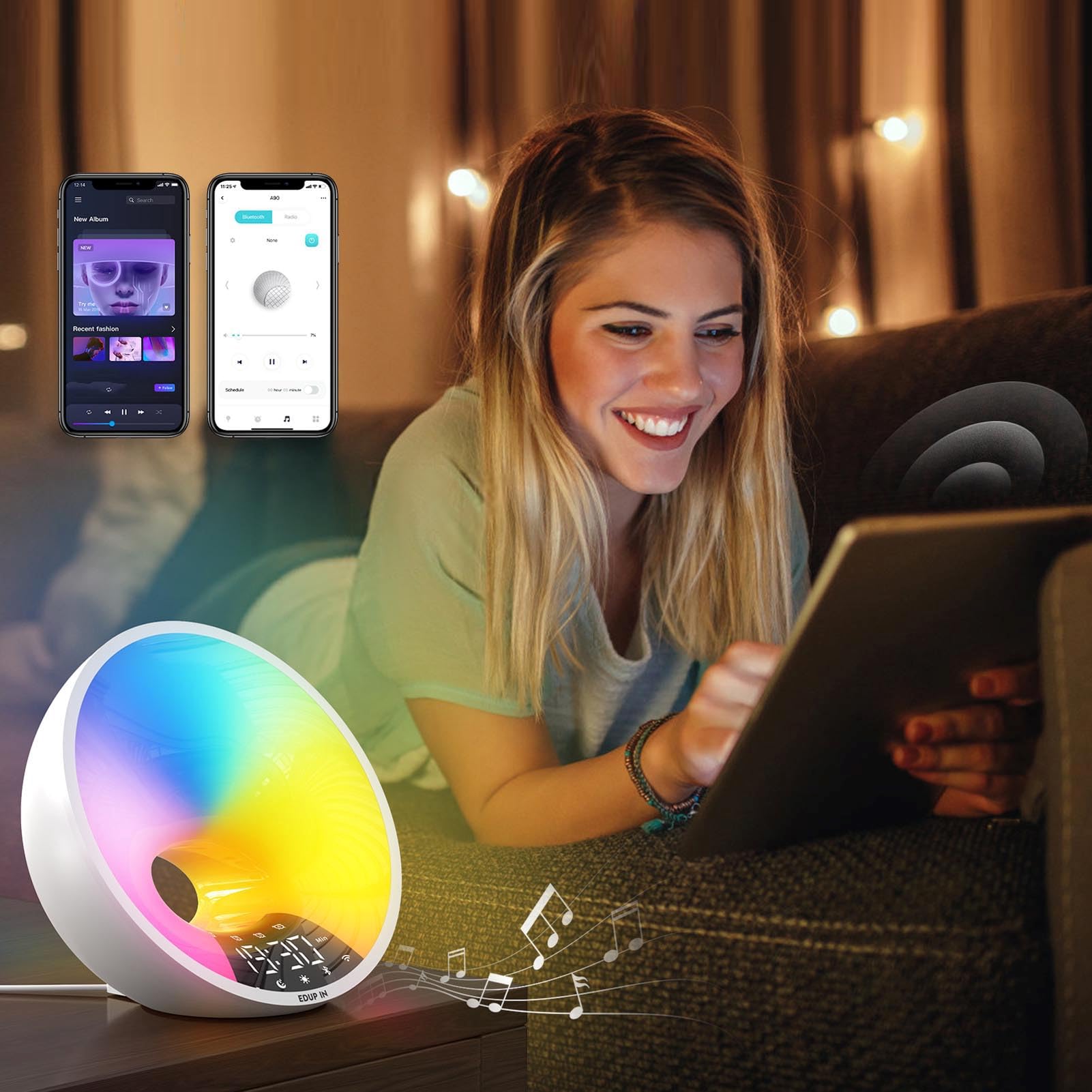 YWBL-WH Sonnenaufgangsuhr, LED, Multifunktional, mit Automatischem Dimmen, 7-Farben-Nachtlicht, Bluetooth-Lautsprecher für Schlafzimmer, Schlafhilfe, Schlafhilfe und Weckalarm (EU-Stecker 100 bis