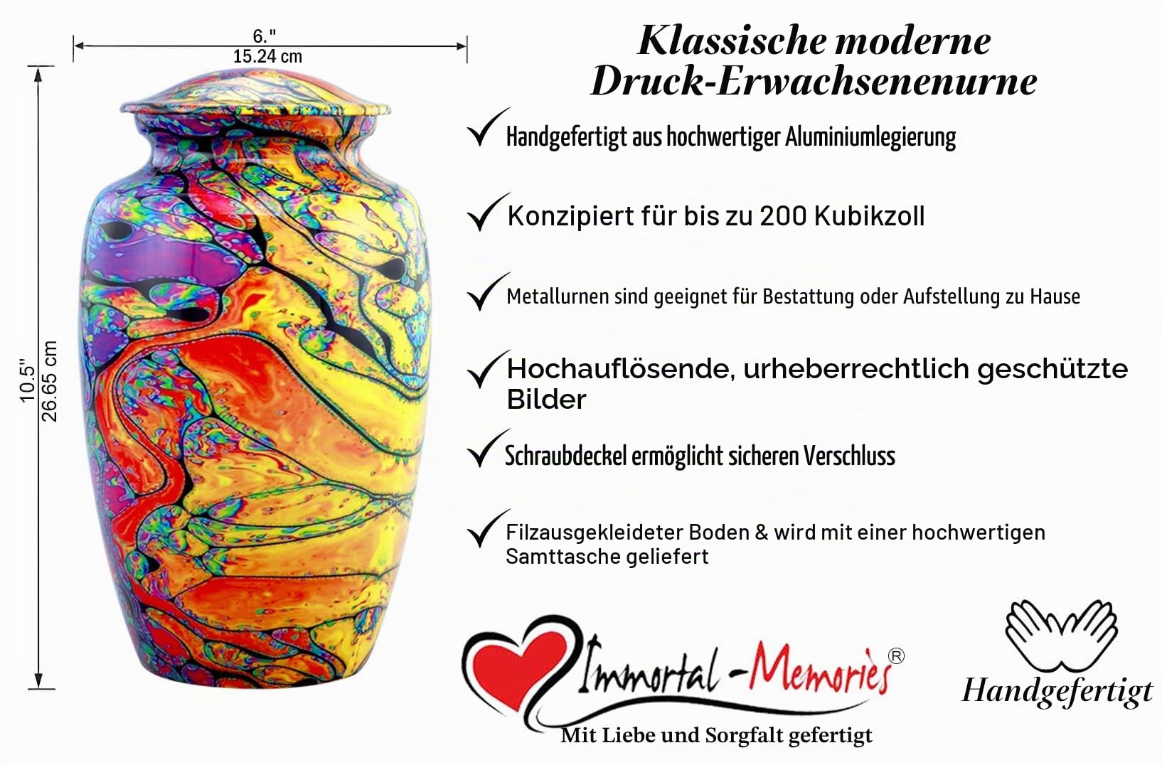 Moderne Druckurne – bunte, handgefertigte Batikurne – Farben des Lebens – Regenbogenurne – Beerdigungs- und Gedenkurne in voller Größe für menschliche Asche mit Samtbeutel