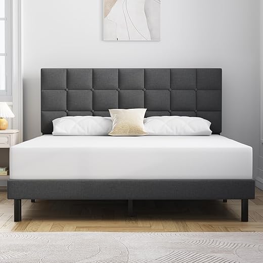 Molblly Full Bed Frame Upholstered Platform with Headboard and Strong Wooden Slats, Non-Slip and Noise-Free,No Box Spring Needed, Easy Assembly,Dark Gray