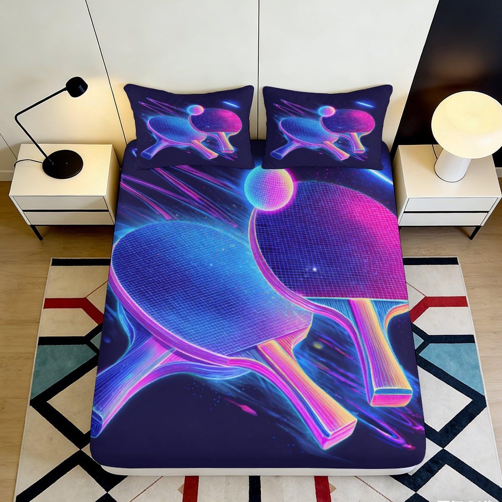 Jqzkxnhpbr Style-7 3D Printed Neon Ping Pong Fitted Sheet Microfiber Soft Washable Table Tennis Bed Cover For Bedroom Dorm Decor 90X200x25cm
