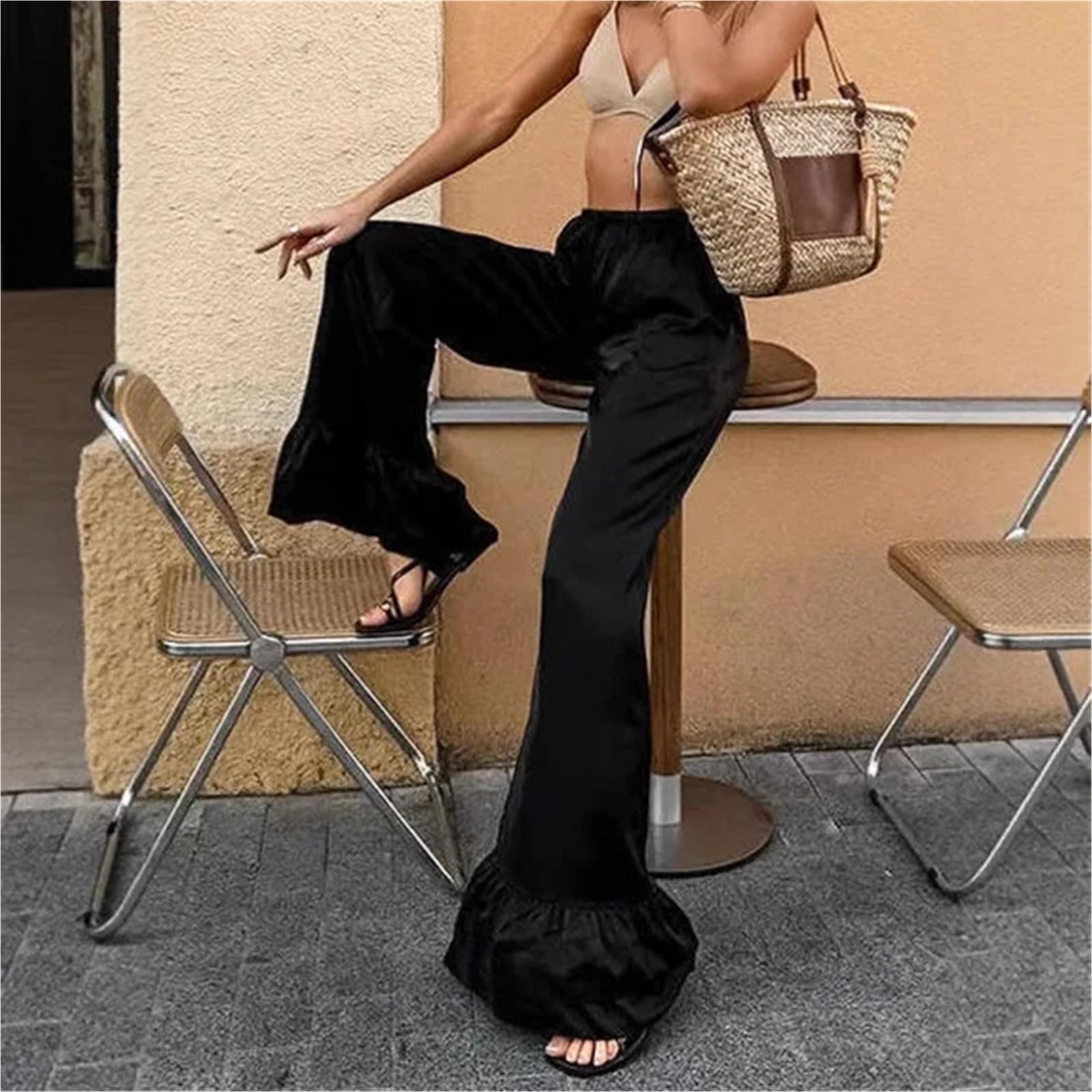Pantaloni Larghi in Raso Nero Estivi Eleganti da Donna con Volant sull'Orlo Largo a Vita Alta Palazzo Casual Vacation Streetwear