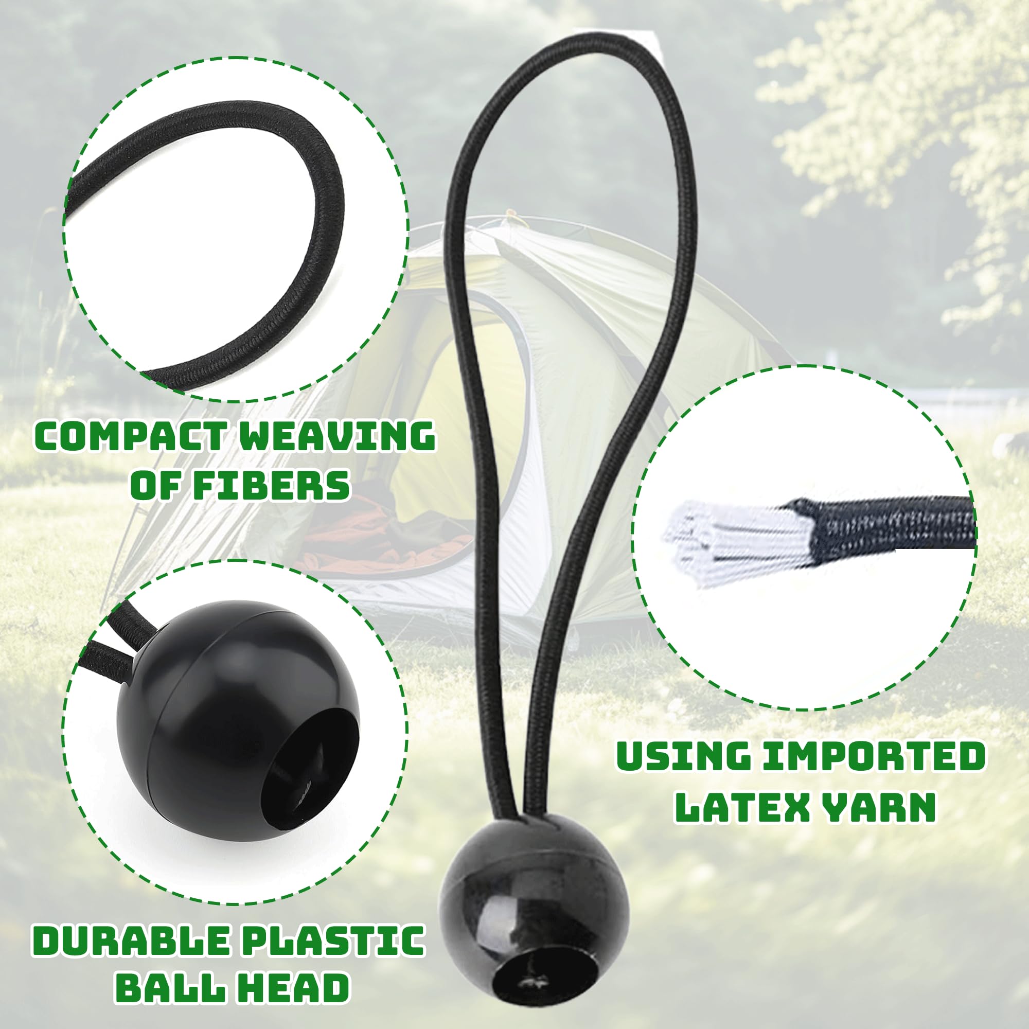 20PCS Tarpaulin Bungees Balls Portable Bungees Cord with Ball Bungee Toggle Ties Gazebo Tie Strap Tent Toggles Flag Bungees Tent Elastic for Marquees Tents Banners Tent Poles Camping Canopy - Image 3