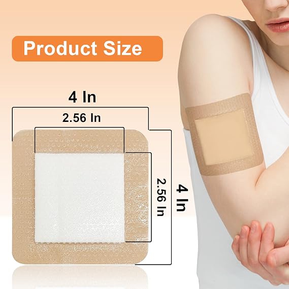 Carbou Silicone Foam Dressing with Adhesive Gentle Border,10 Pcs 4x4 and 5 Pcs 6x 6Adhesive Waterproof and High Absorbency Square Wound Care Dressing Bandage for Pressure Sore, Leg Ulcer, Diabet