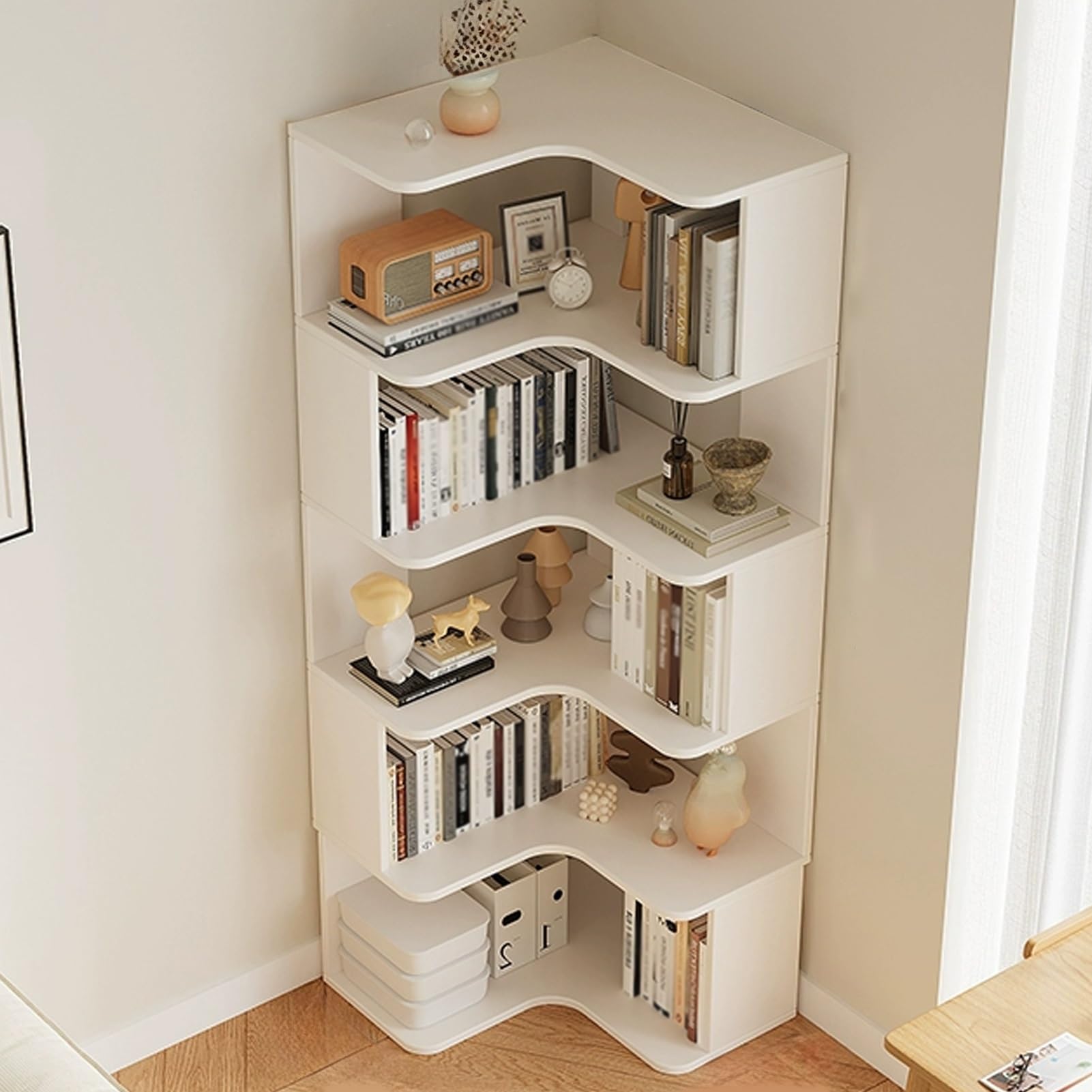 Libreria angolare a forma di L, mensola angolare per soggiorno, con ripiani e design con retro aperto, per ufficio, cucina, camera da letto (bianco, 160 cm)