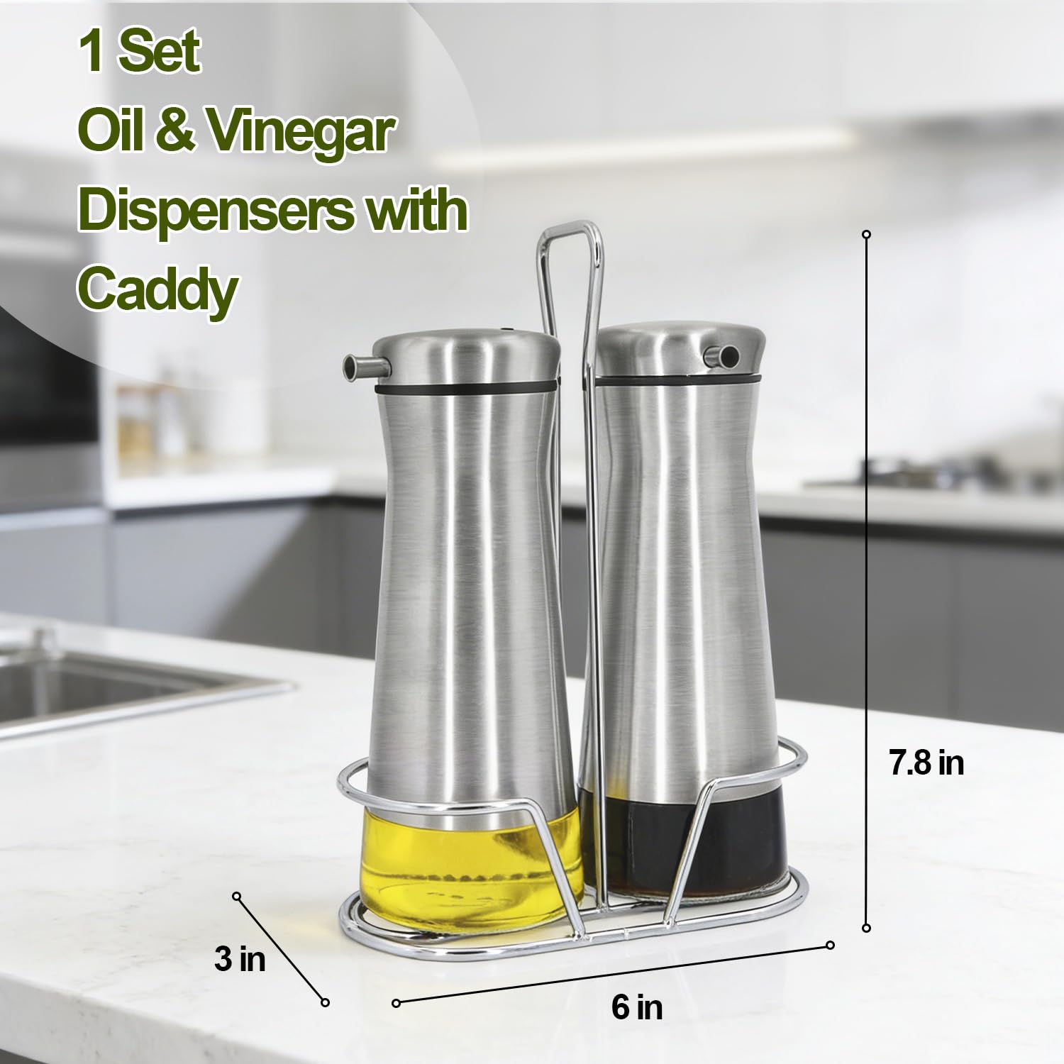 Aelga Juego de dispensador de aceite y vinagre con cesta, paquete de 2 botellas dispensadoras de aceite para cocina sin goteo, decoración de cocina y accesorios para el hogar, restaurantes, bodas