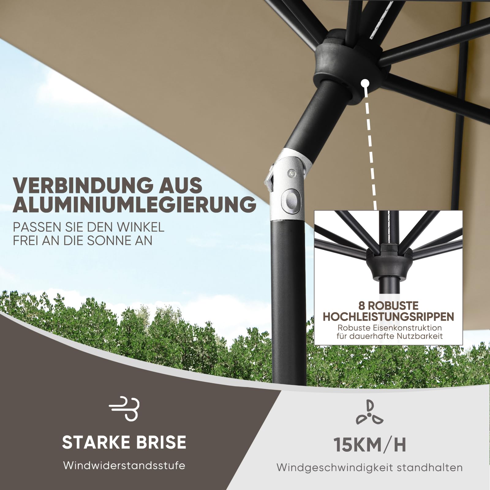 Sekey Alu Sonnenschirm 330 cm mit Kurbel, Wasserabweisend Gartensonnenschirm mit UV50+ Schutz– für Garten, Balkon & Terrasse, Taupe