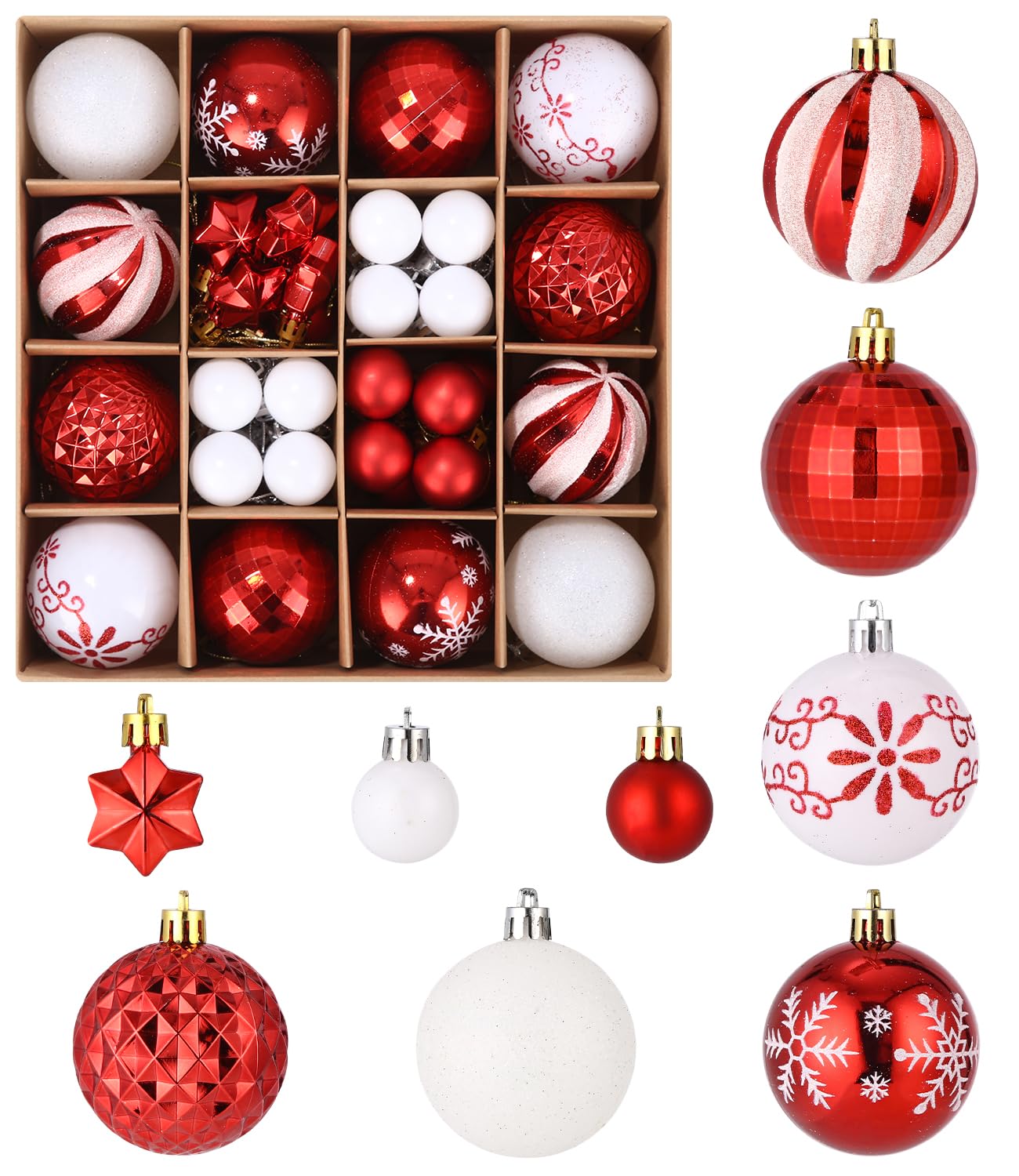 SinLaw Set de Bolas de Navidad de Plástico para Decoración del Árbo,44 Piezas Bolas de Navidad Blancas y Rojas,Coloridas Bolas Colgantes Irrompibles,Decoración para Fiestas de Navidad