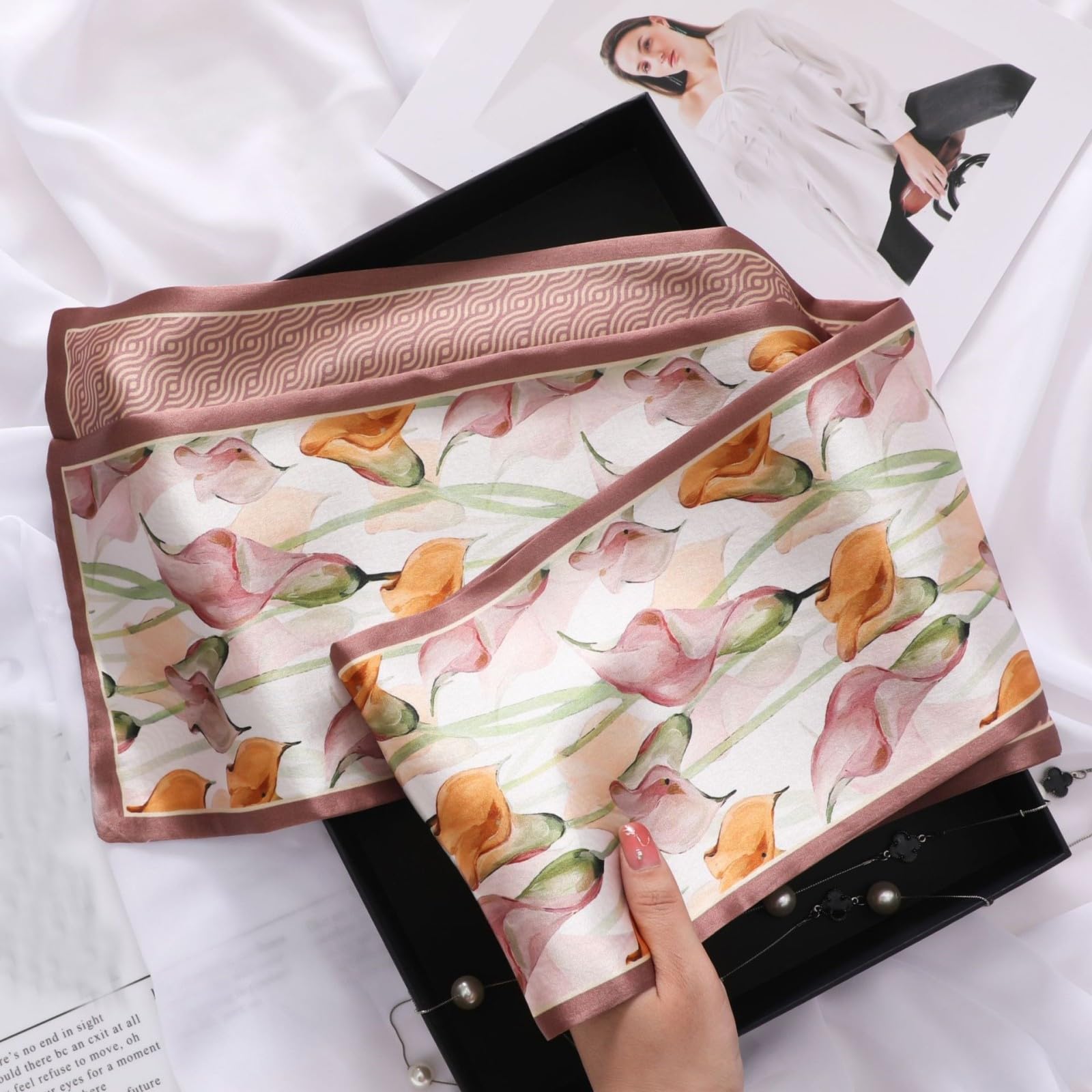 HJDMO Maulbeerseide-Schal, lang, schmal, 145 cm, 15 cm, doppellagig, wendbar, Blumendruck, Damen, Frühling, Sommer, Pendeln, Krawatte für Bluse, Anzug, Haar