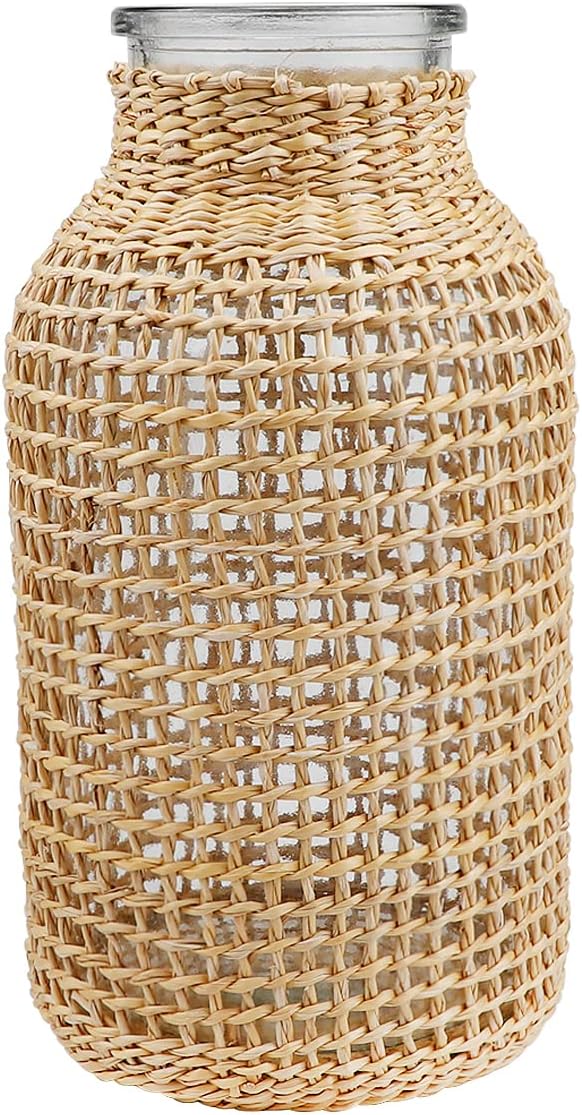 DOERDO Glass Flower Vase with Rattan Cover Boho Glass Vase Vintage Floral Container Decorative, for Housewarming Party Home Decor,7.9x4.1Inch