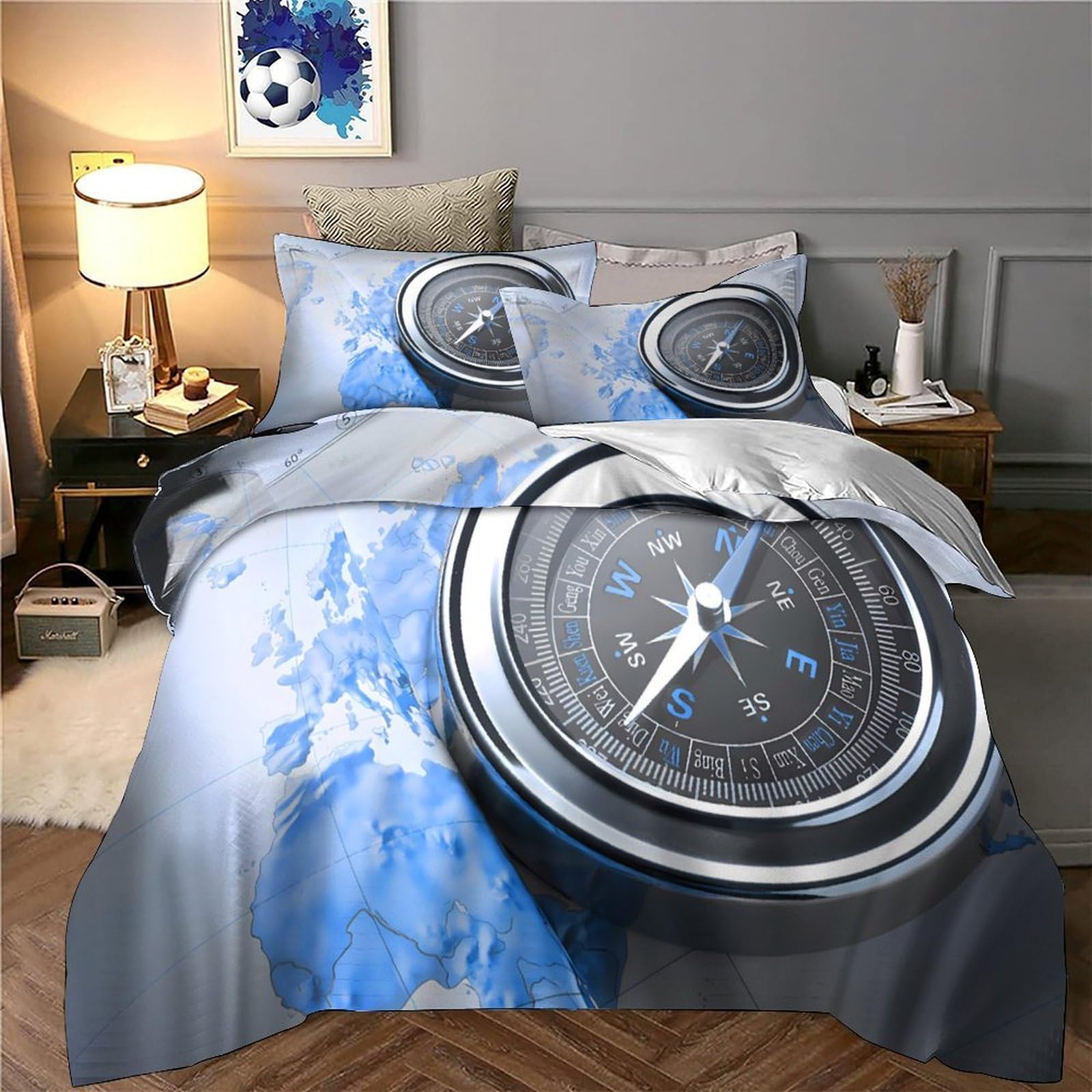 navegación con mapa y brújula 3D Impresión Funda de edredón 3pz Microfibra antimanchas diseño de guías de viaje Edredón funda 2 fundas resistente Adolescentes Adultos jóvenes Super king（260x220cm）