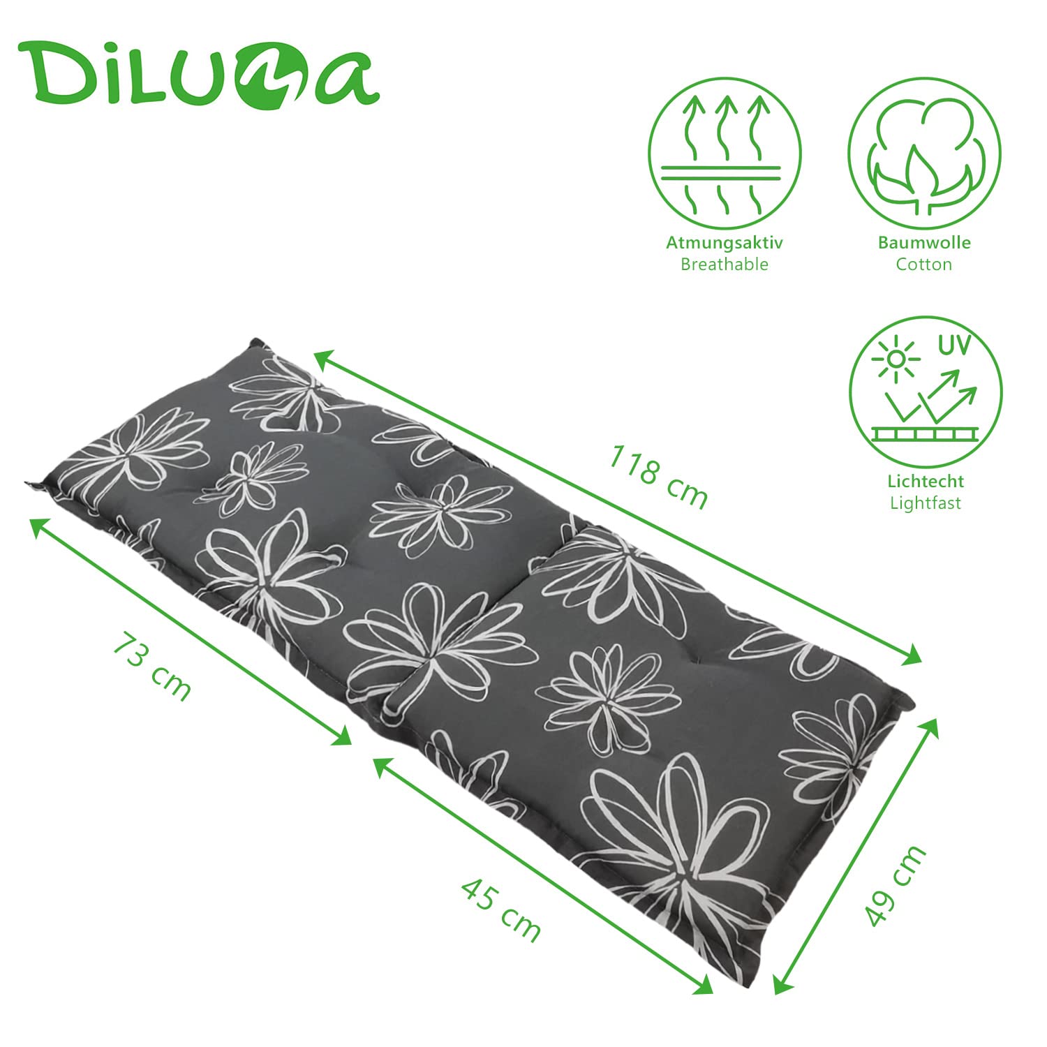 DILUMA Hochlehner Auflage Naxos für Gartenstühle 4er Set 118x49 cm Blume Schwarz - 6 cm Starke Premium Stuhlauflage mit Komfortschaumkern - Sitzauflage Made in EU