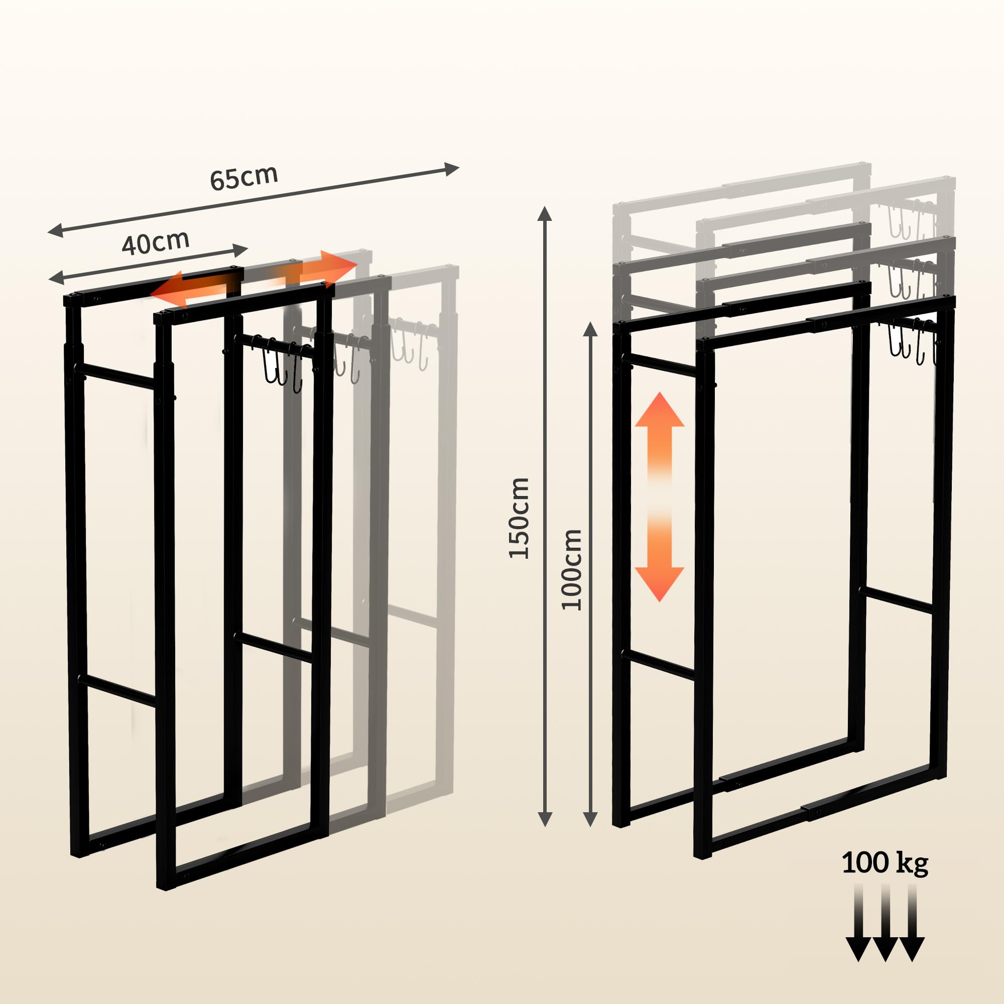 Outsunny Portalegna da Interno ed Esterno in Metallo, Legnaia Regolabile in Larghezza e Altezza con Ganci a S, 40-65x25x100-150 cm, Nero