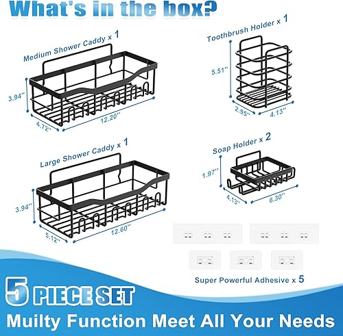 Miniatura 6 de Paquete de 5 unidades de organizador de ducha adhesivo, organizador de ducha de baño, estantes de ducha para ducha interior, sin perforaciones, gran