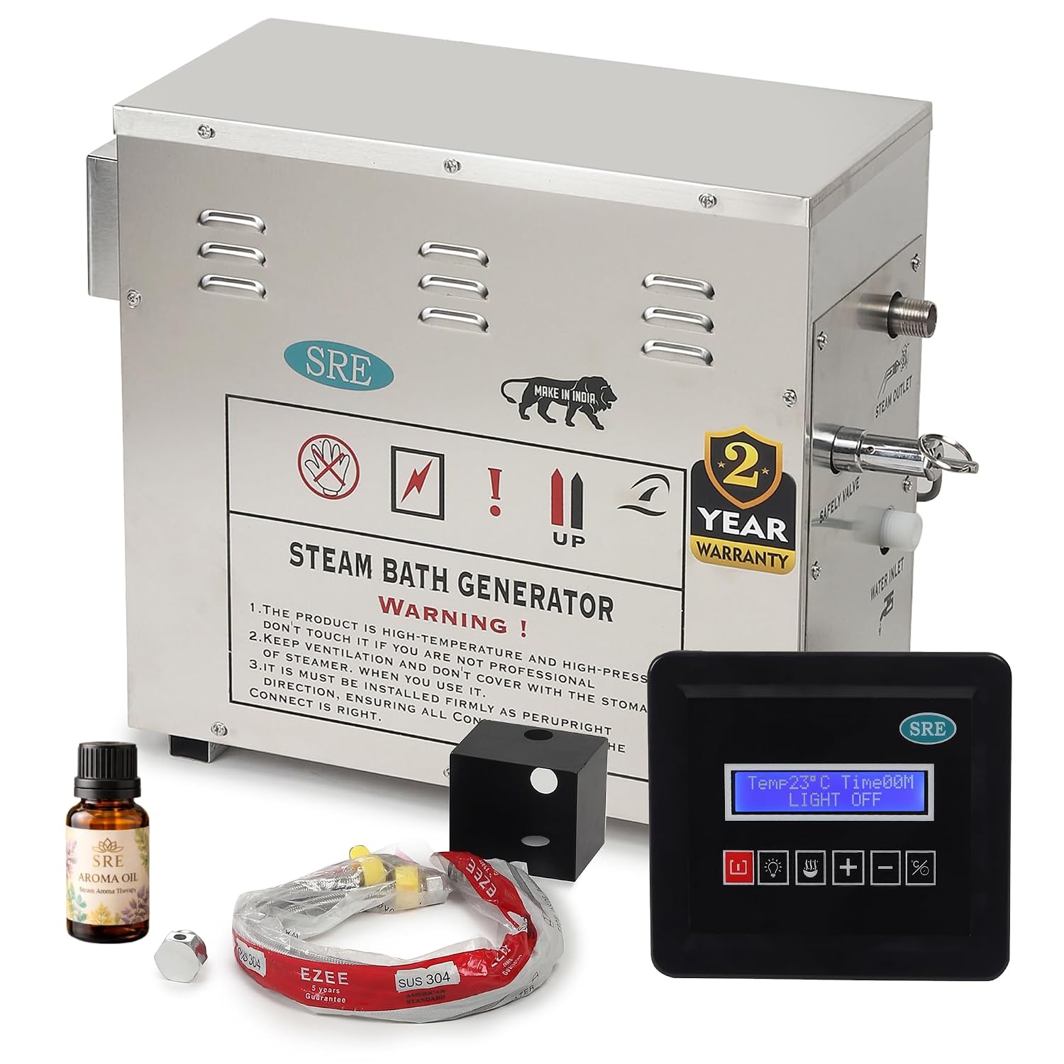 SRE Spa Beta Series 6kW Steam Generator | Stainless Steel | Auto Drain, Timer & Temp | Aroma Outlet | Digital Control Panel