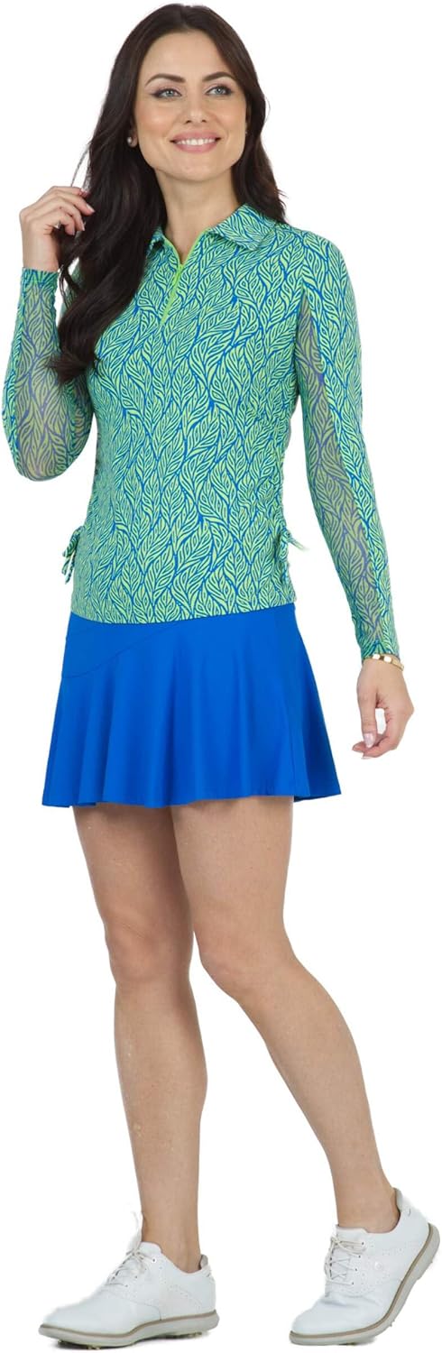 IBKUL Athleisure Wear Sun Protective UPF 50+ Icefil Cooling Tech Sally Print Adjustable Length Long Sleeve Polo - 48655 Blue/Lime Sally XL