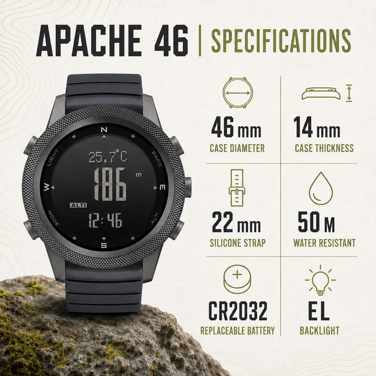 NORTH EDGE APACHE-46 Męskie Cyfrowe Zegarki Sportowe Wojskowe Kompas Temperatury Kroki Tracker Sportowe Zegarki Survival Tactical, Czarny silikon, silicio, pasek