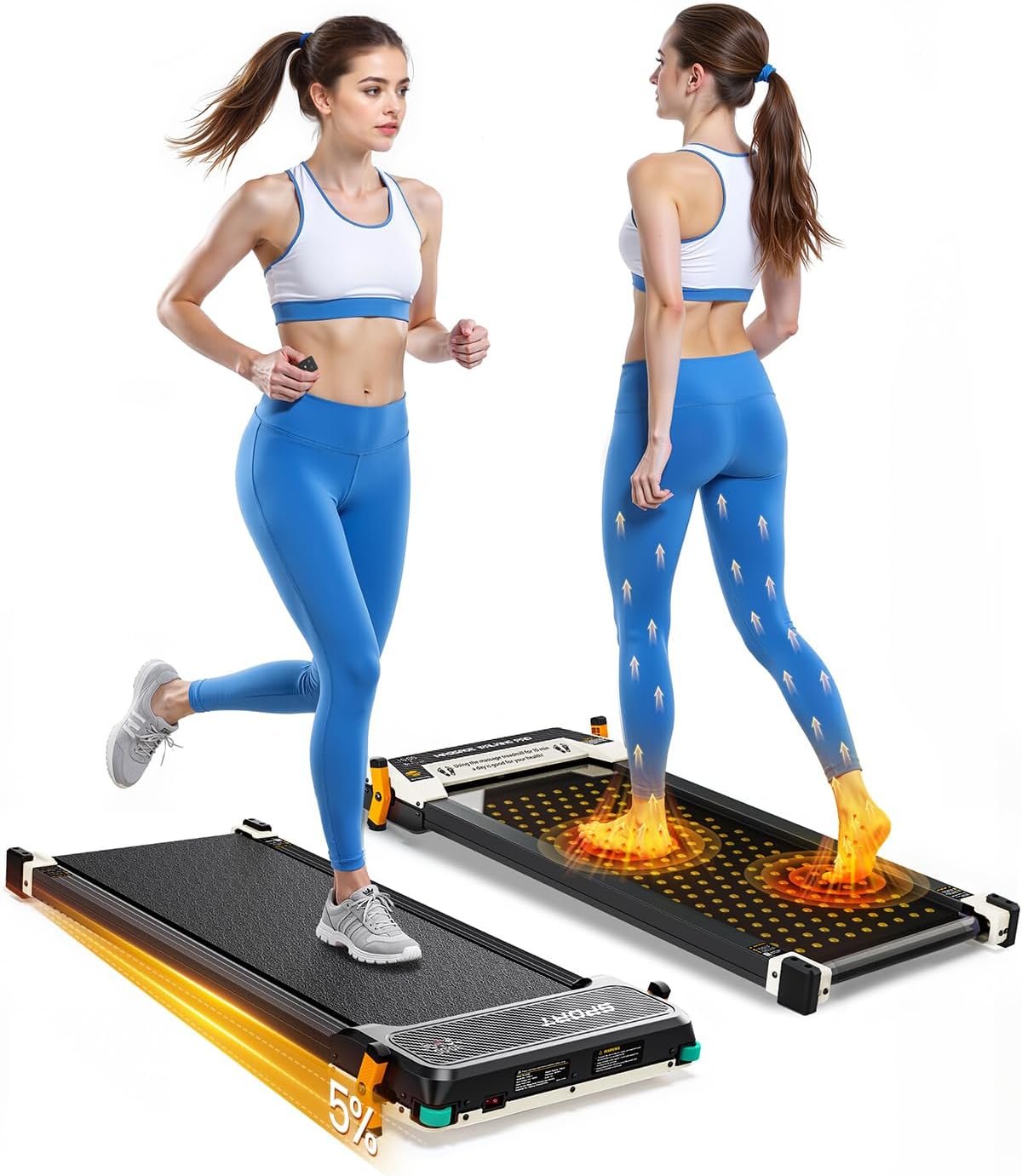 Walking Pad with Incline, Dual Sided Walking Pad with Foot Massage, 180° Revesrsible Available Use, Acupressure Foot Massage Under Desk Treadmill