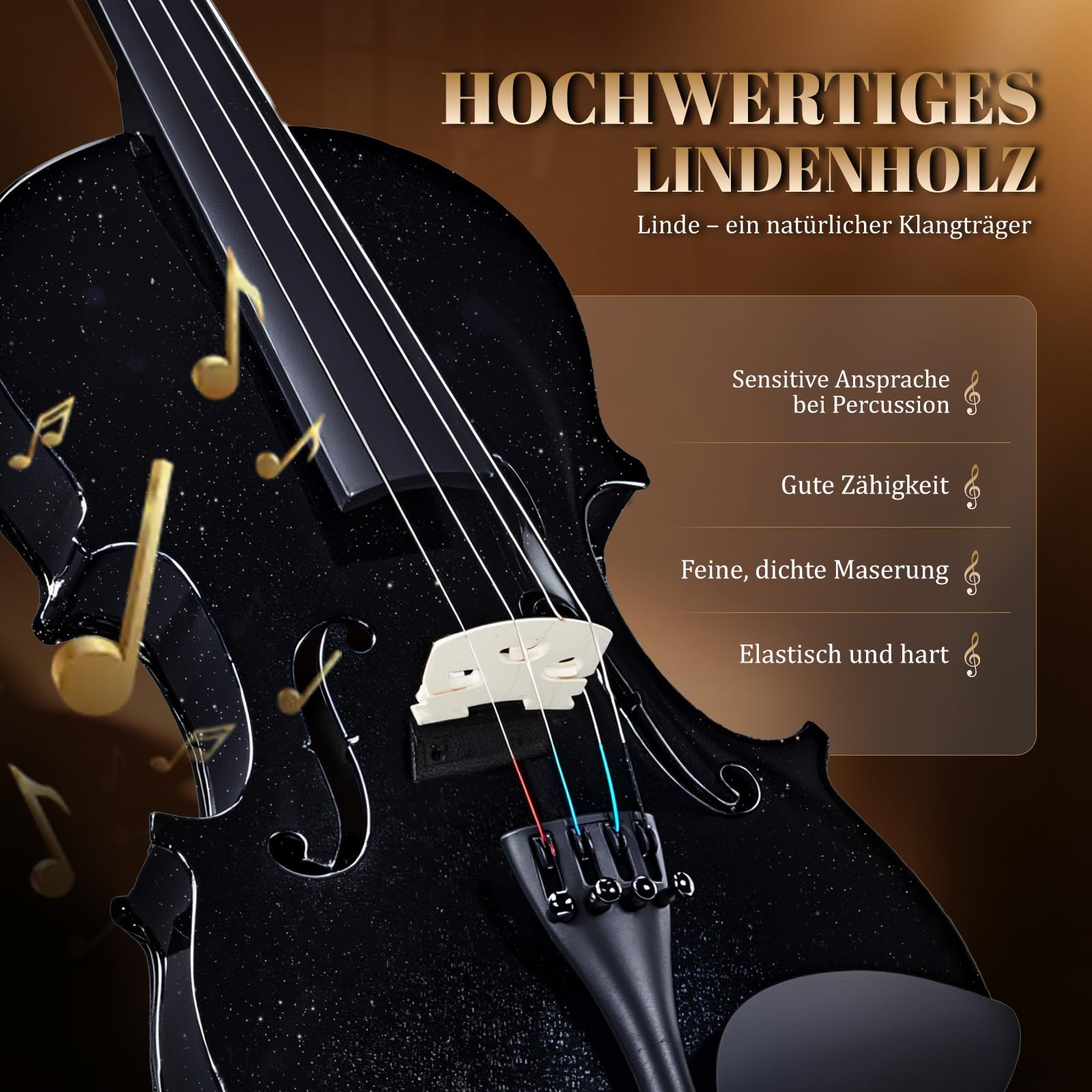 Bonnlo Violine Set 4/4, Violin Vollgröße aus Lindenholz für Anfänger, Geige mit Hartschalenkoffer, Bogen, Kolophonium, Ersatzsaiten & Schulterstütze, ideal für Erwachsene & Kinder, Schwarz
