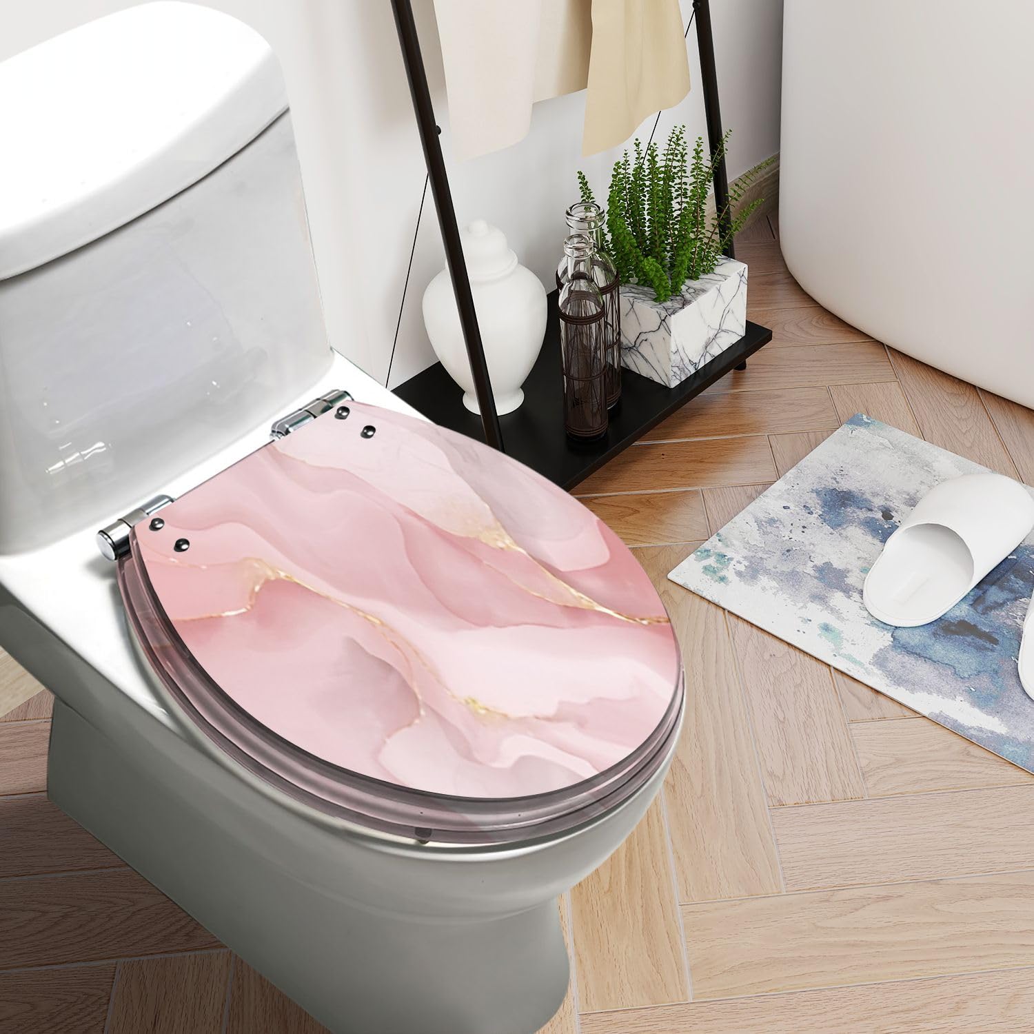 WHFEOIV9RE Round Toilet Seat Pink soft pastel gold line sparkle marble texture Resin Toilet Seat Quietly Slow Close with Quick-Release Hinges Toilet Seat with Cover Easy to Clean Install