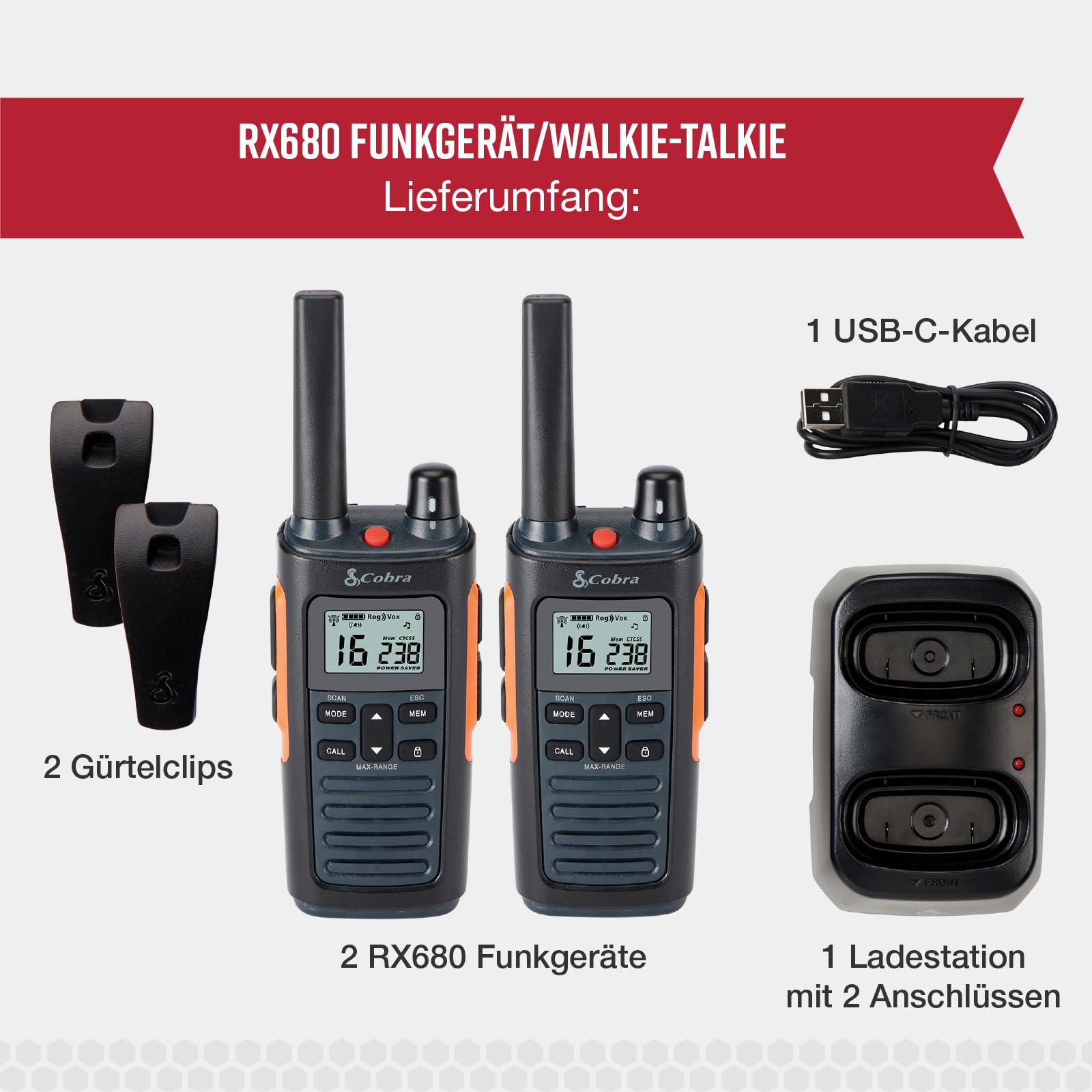 Cobra RX680 Walkie-Talkies (2er-Pack) – Wiederaufladbare PMR446-Funkgeräte für Freizeit und Beruf, große Reichweite, staubgeschützt und spritzwassergeschützt (IP54), Schwarz und Orange