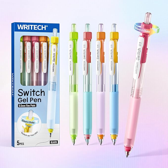 WRITECH Switch Gel Ink Pens: 0.5mm Black Ink Pen Retractable Silent and Clicky Soft Grip Fine Point Pen for Journaling Smooth Writing Quick-dry No Bleed 5ct