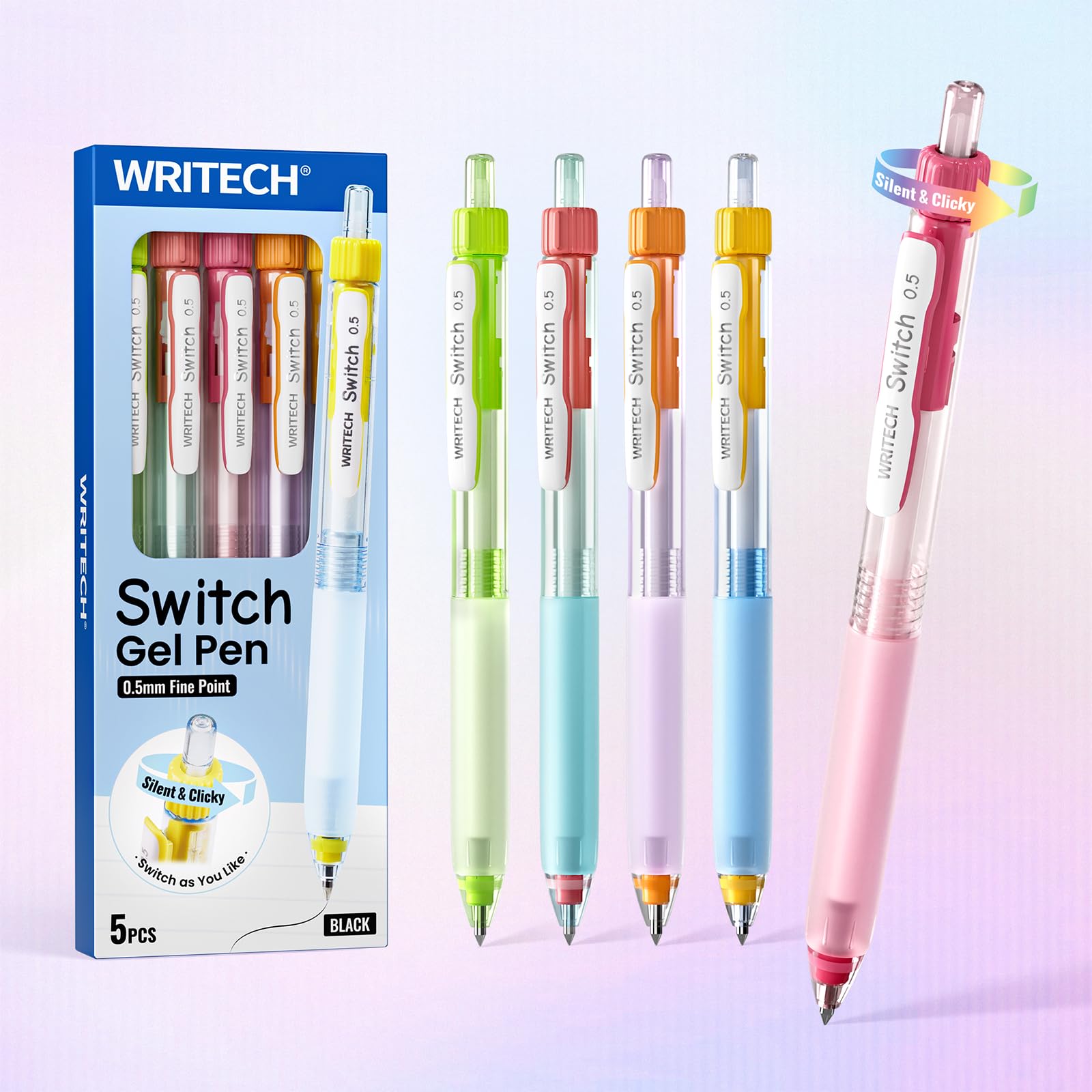 WRITECH Bolígrafos de gel con interruptor: bolígrafo retráctil de 0,5 mm con tinta negra, agarre suave, punta fina, silencioso y con clic, para escritura fluida, sin manchas, pack de 5 unidades