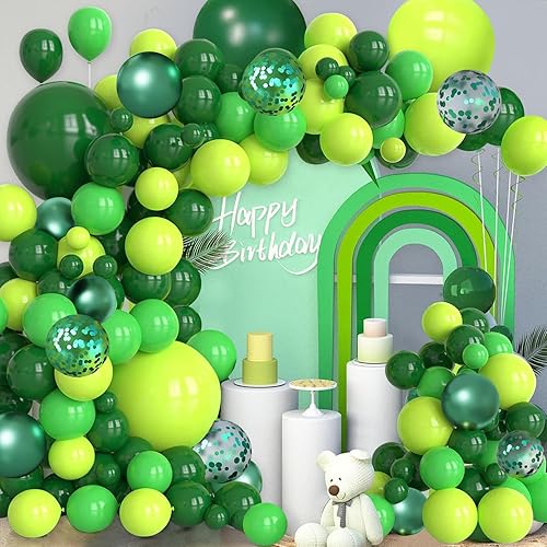 Green Balloons Arch Garland Kit, Dark Green Lime Green Metallic Green with Confetti Balloons for Wild One St. Patricks Day Dinosaur Jungle Safari Birhtday Decorations
