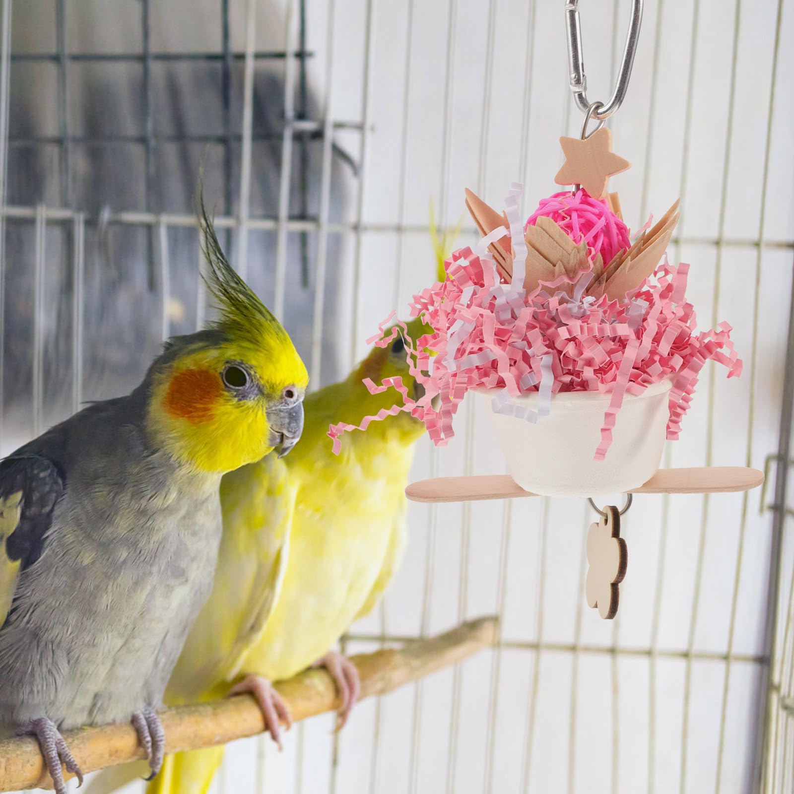 Pink Parrot Chewing Hanging Toy, Bouquet Shredding Toy for Training Teething & Boredom Relief - Image 2