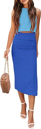 PRETTYGARDEN Conjunto de 2 piezas de verano para mujer, cuello redondo, sin mangas, con abertura, falda midi